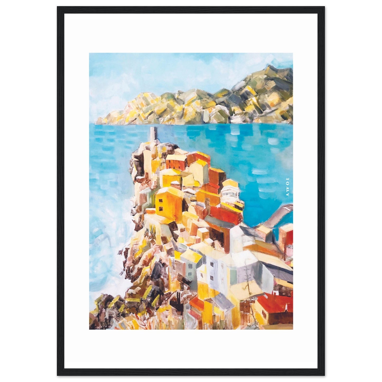 Colourful Town On A Cliff By The Sea In Italy: Italian Riviera Framed Art Print