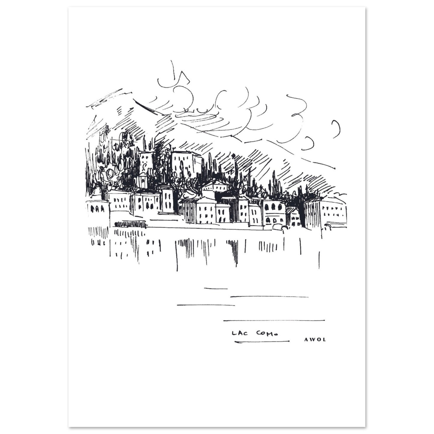 Lake Como, Italy Landscape Art With Mountain Town: Poster Print