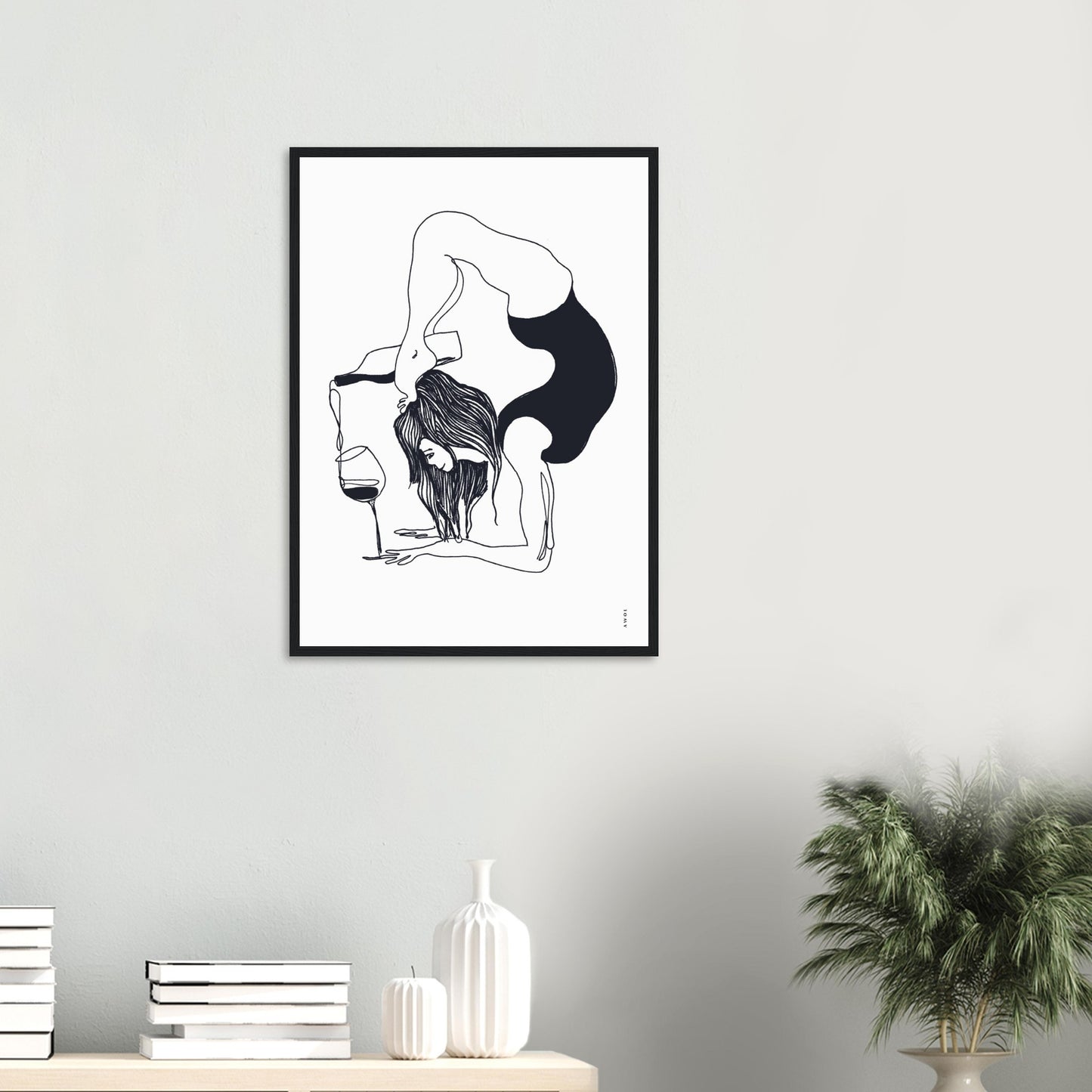 Funny Black And White Yoga Art Print In Wooden Frame With Wine And Balance Yoga Pose