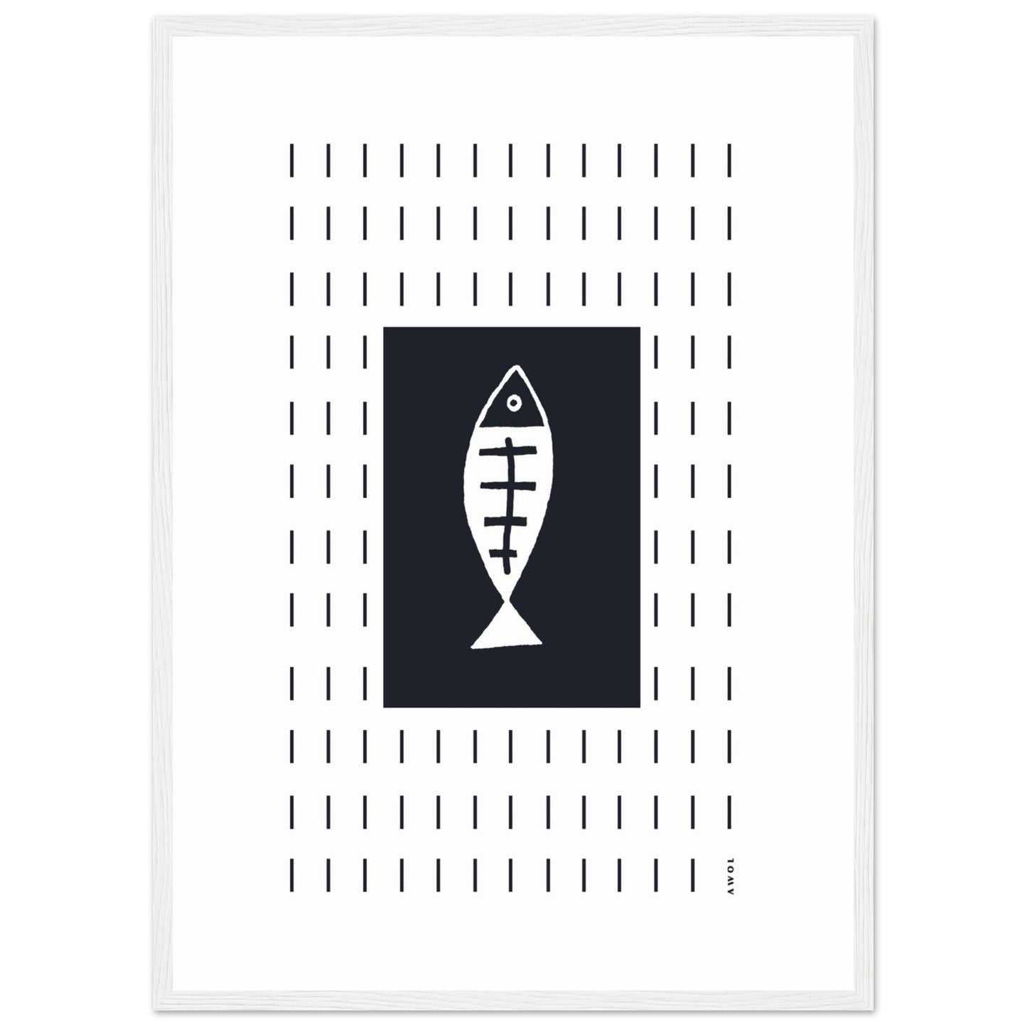Minimalist Fish Art Abstraction In Rain Pattern, Black and White Framed Art Print