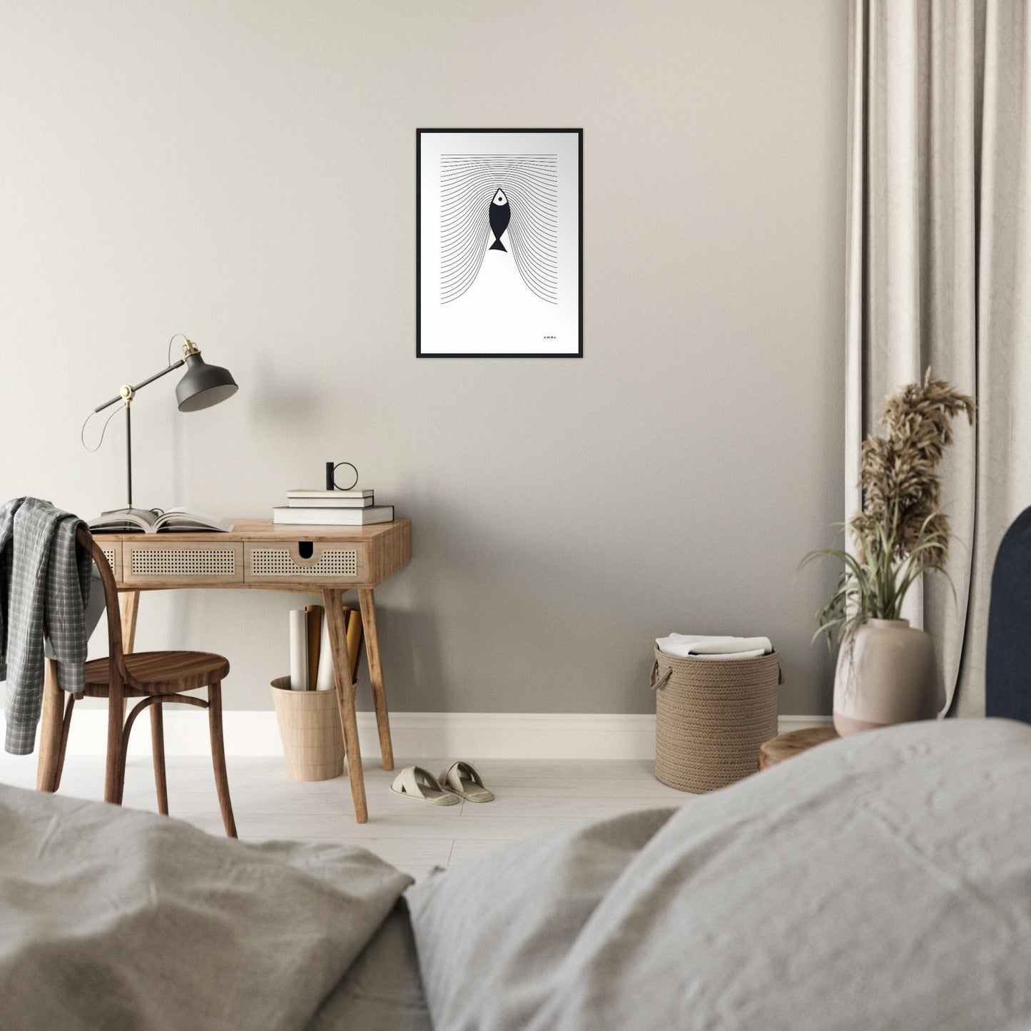Minimalist Fish Swimming Upstream, Scandinavian Wall Art, Framed Art Print