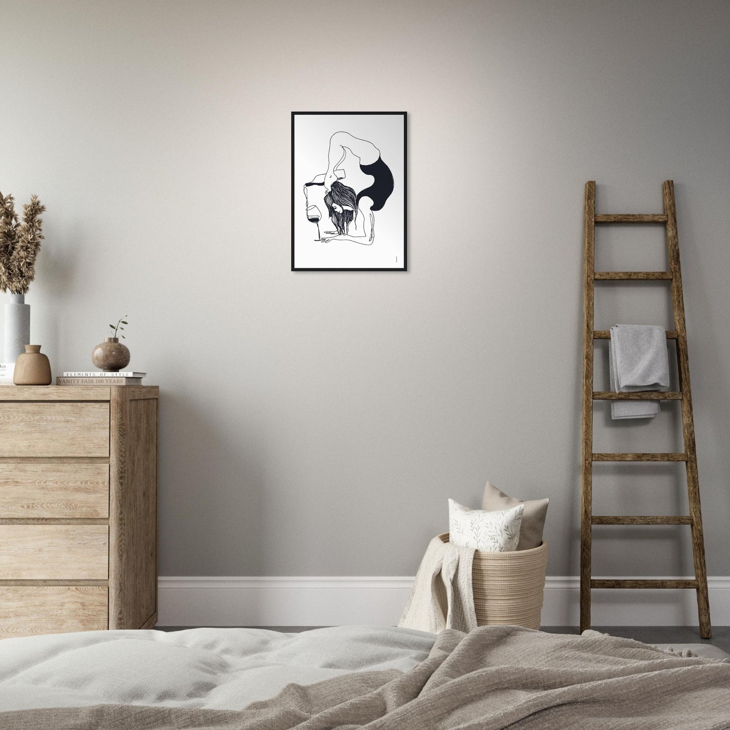 Funny Black And White Yoga Art Print In Wooden Frame With Wine And Balance Yoga Pose