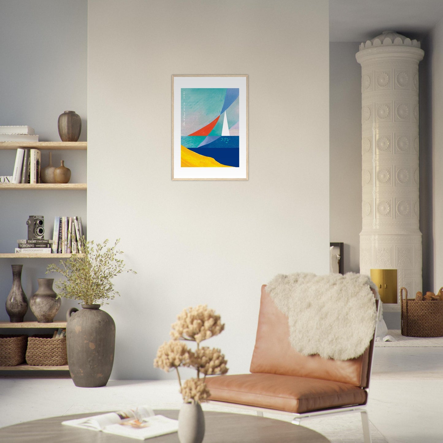 Sea And Sailboat Abstraction Art Of The Mediterranean Sea, French Riviera Nautical Art Print: Wooden Framed Poster Print