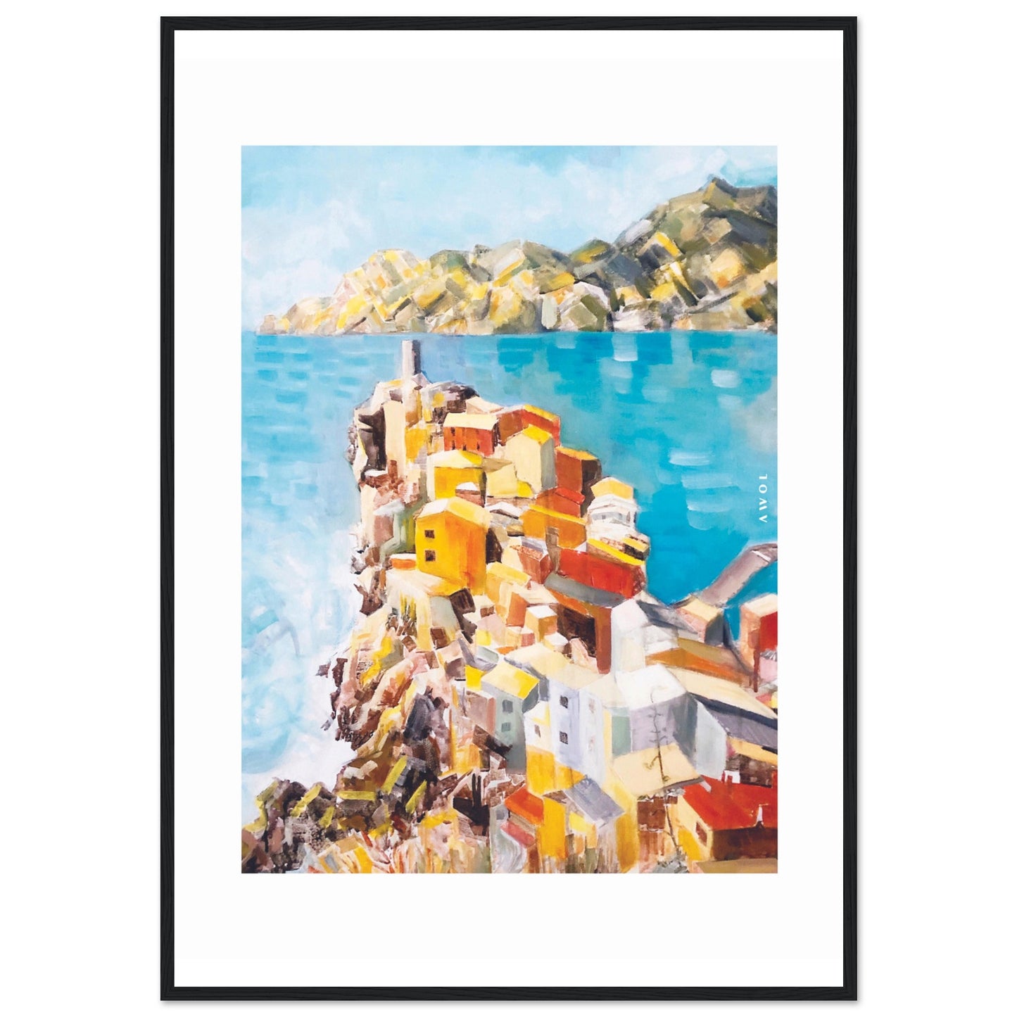 Colourful Town On A Cliff By The Sea In Italy: Italian Riviera Framed Art Print
