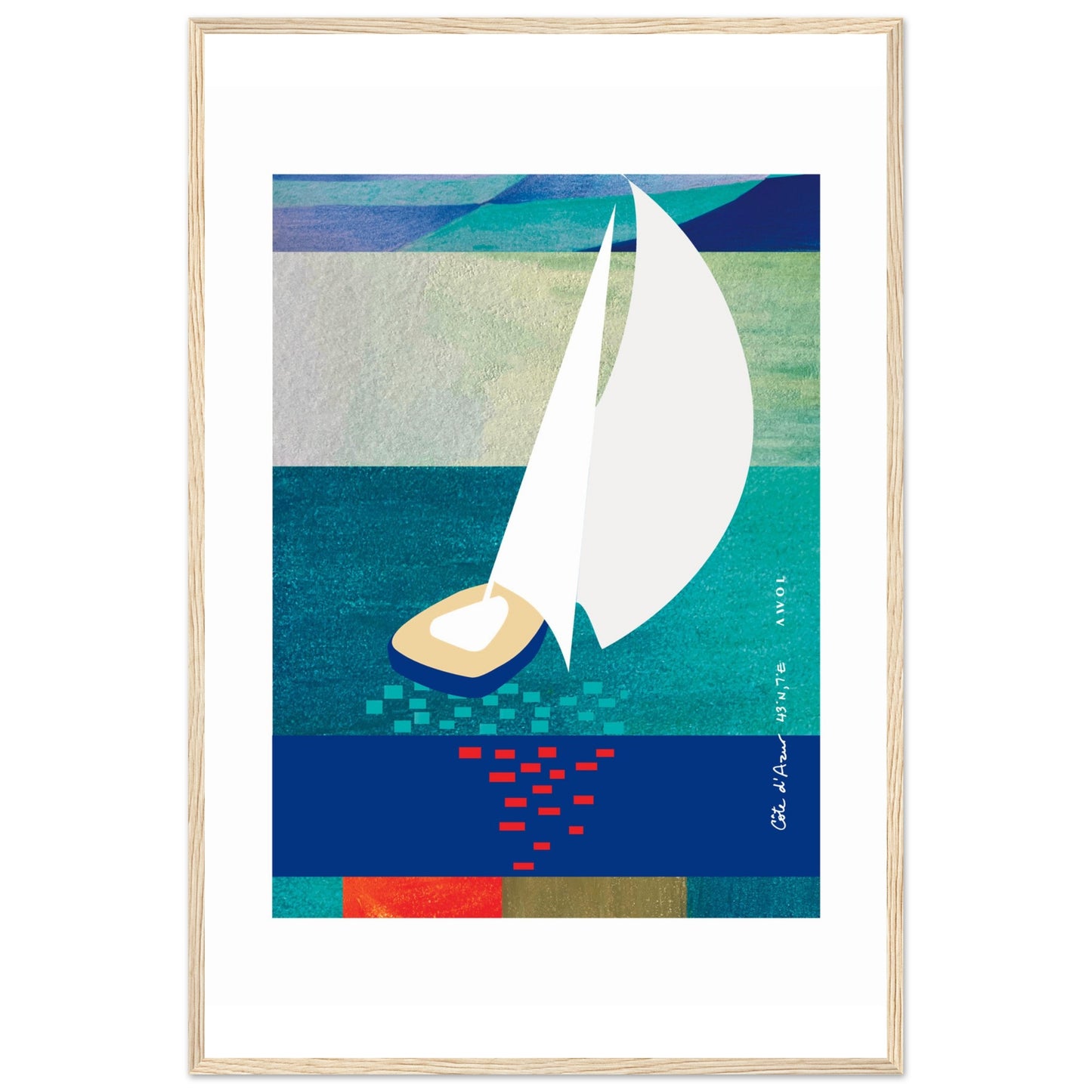 White Sailboat At Sunset On The Sea With Graphic Reflection: French Rivera: Classic Matte Paper Wooden Framed Poster