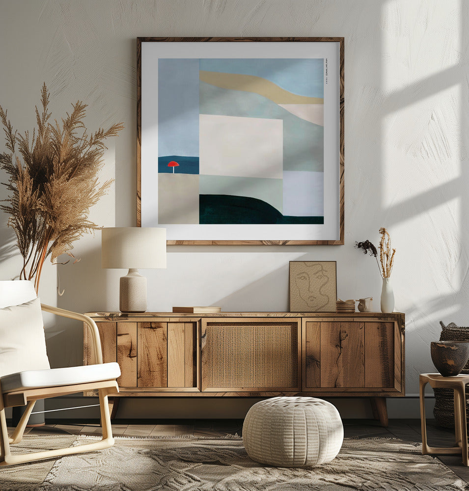Red Beach Umbrella – Urban Oasis: Fine Art Wooden Framed Poster