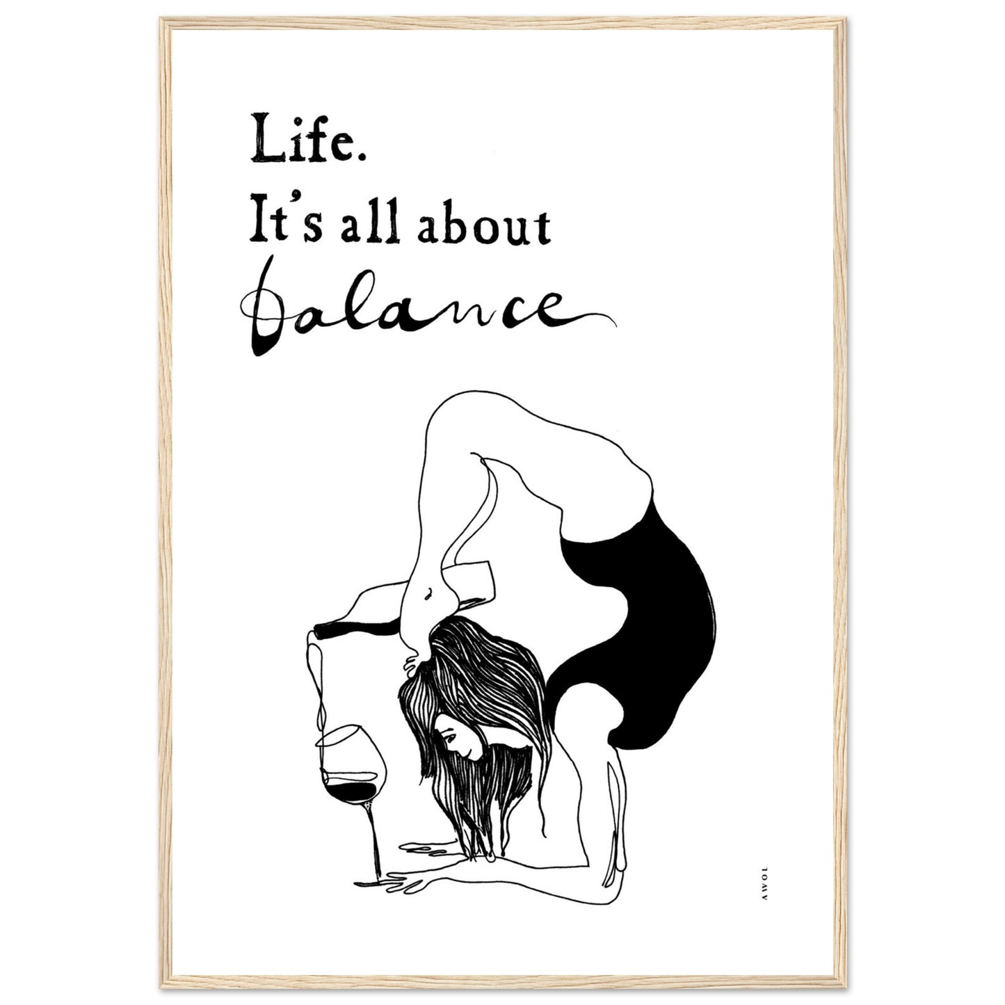 Yoga Art Print With Yoga Pose, Wine And Balance: Framed Art Print
