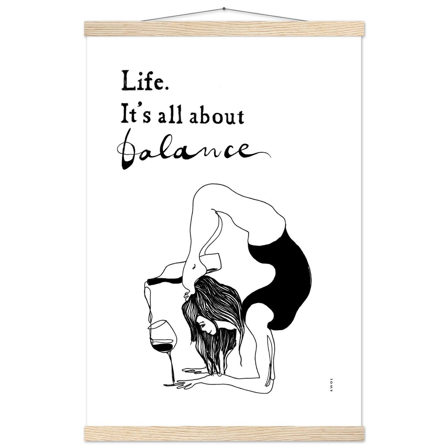 Funny Yoga Art Print With Spiritual Quote, Yoga Pose And Wine, Poster Print with Hanger