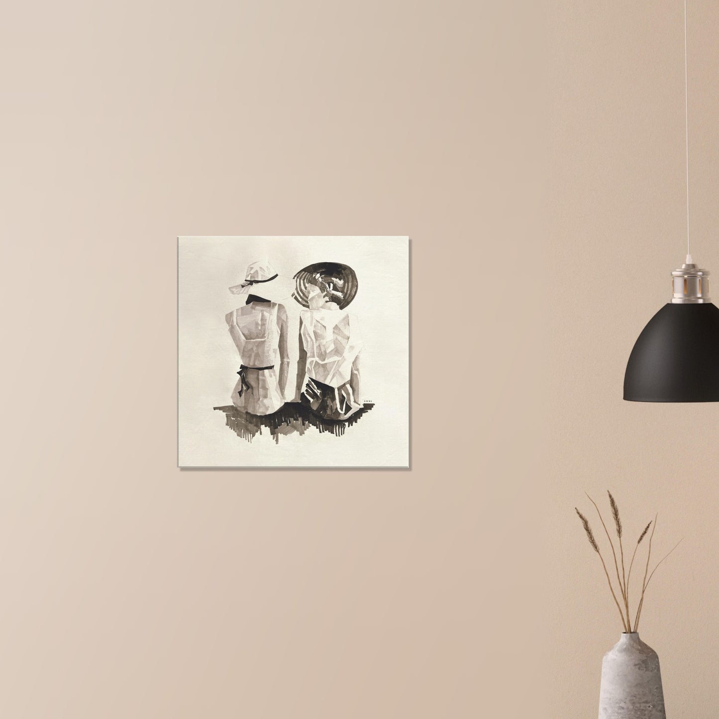 Mediterranean Elegance: Two Women In Hats On The Beach Looking At The Sea, Large Monochrome Canvas Art