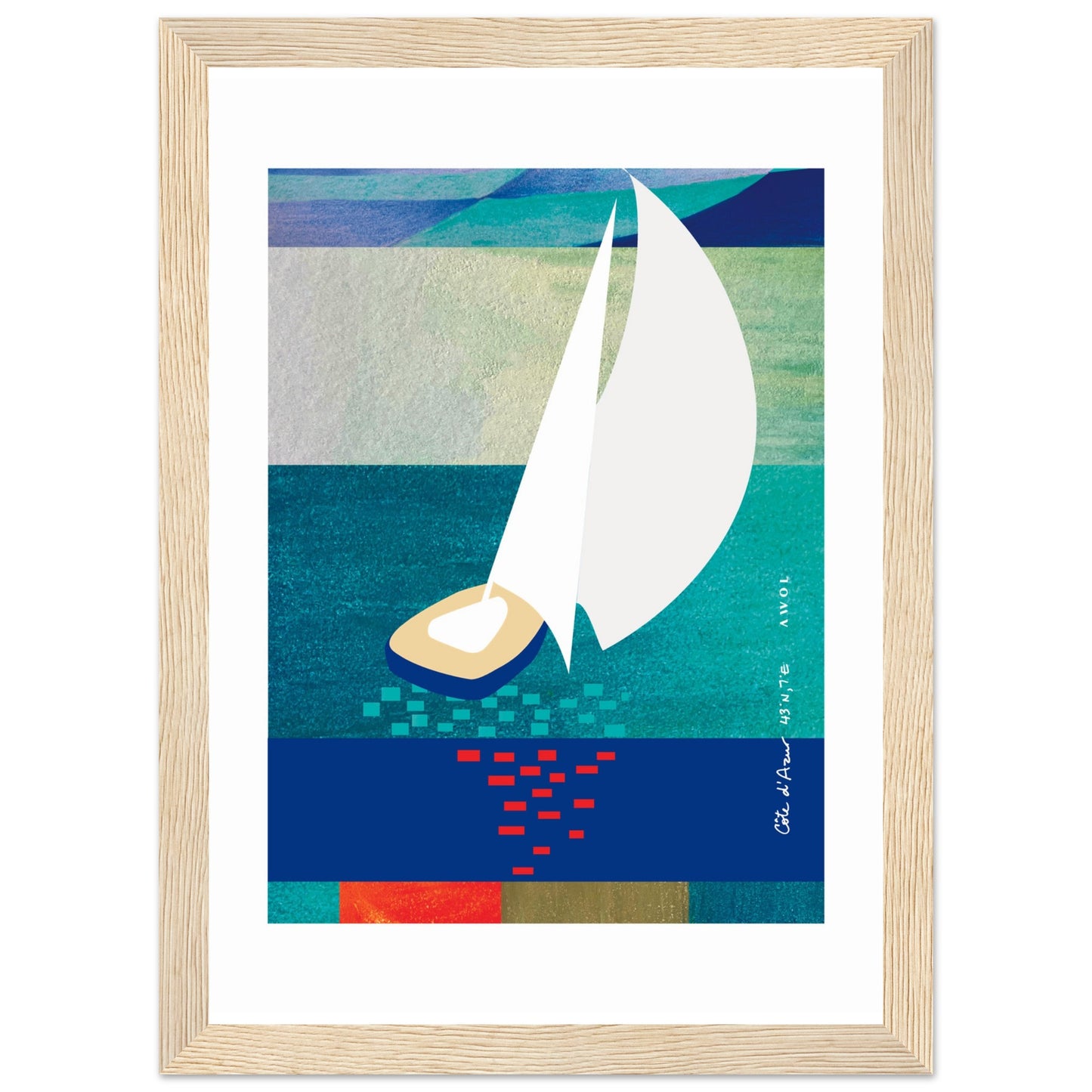 White Sailboat At Sunset On The Sea With Graphic Reflection: French Rivera: Classic Matte Paper Wooden Framed Poster