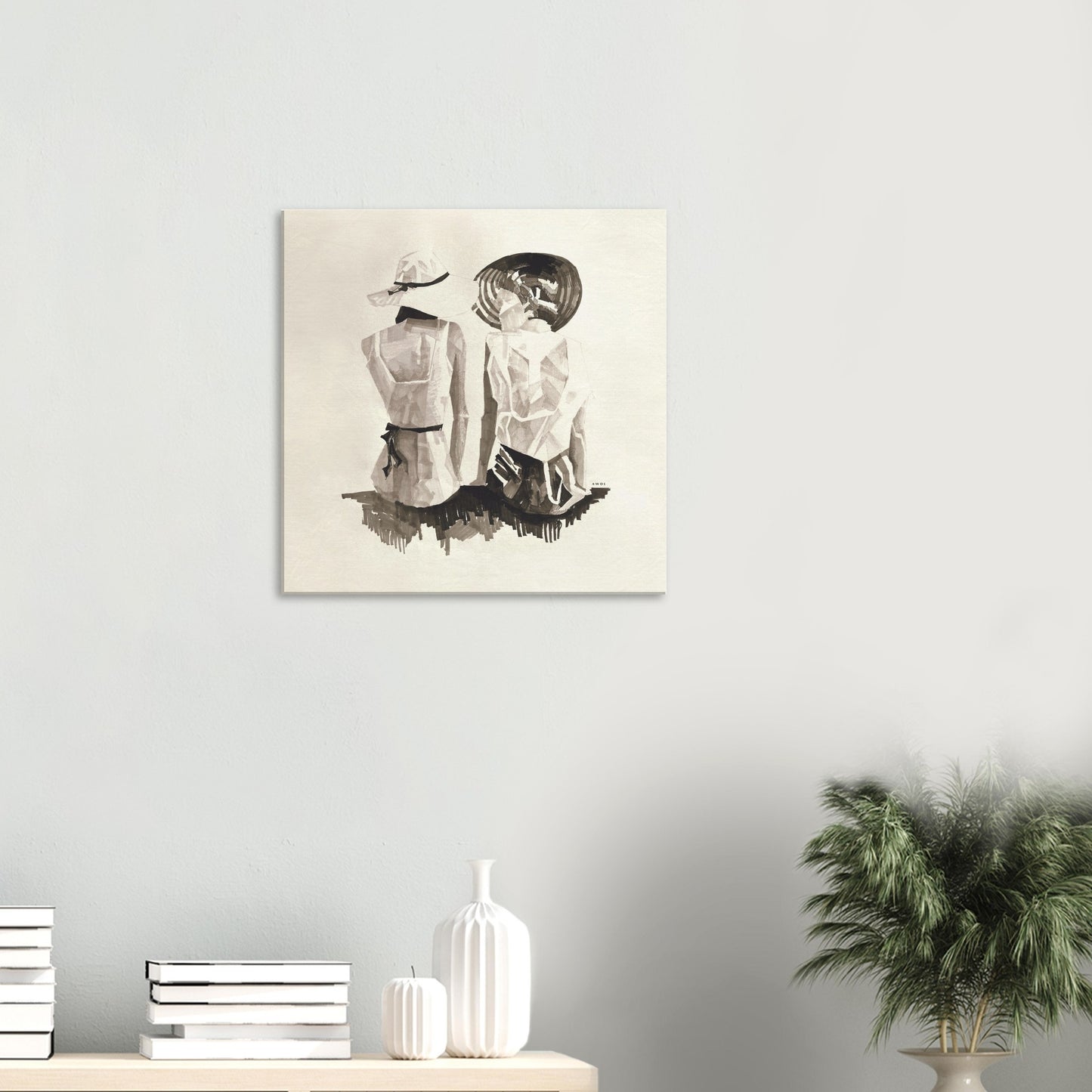 Mediterranean Elegance: Two Women In Hats On The Beach Looking At The Sea, Large Monochrome Canvas Art