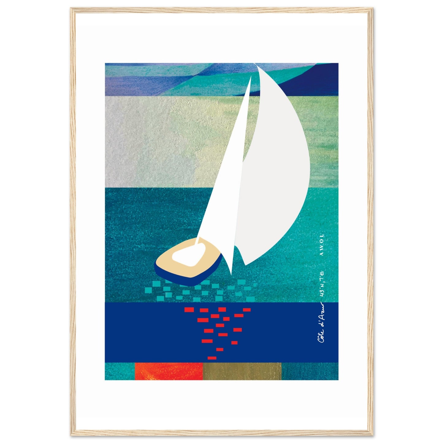 White Sailboat At Sunset On The Sea With Graphic Reflection: French Rivera: Classic Matte Paper Wooden Framed Poster