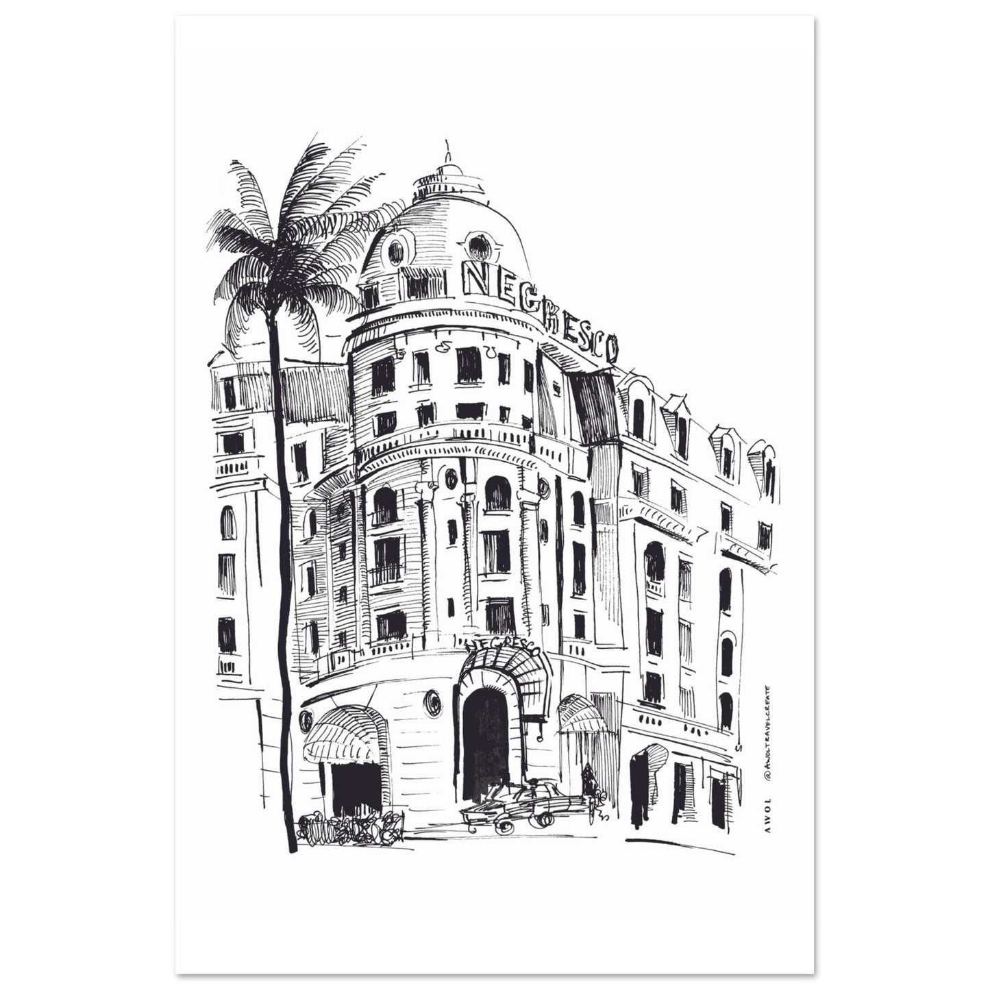 French Riviera Glamour With Palm Trees Art Print: Negresco Hotel Poster Print