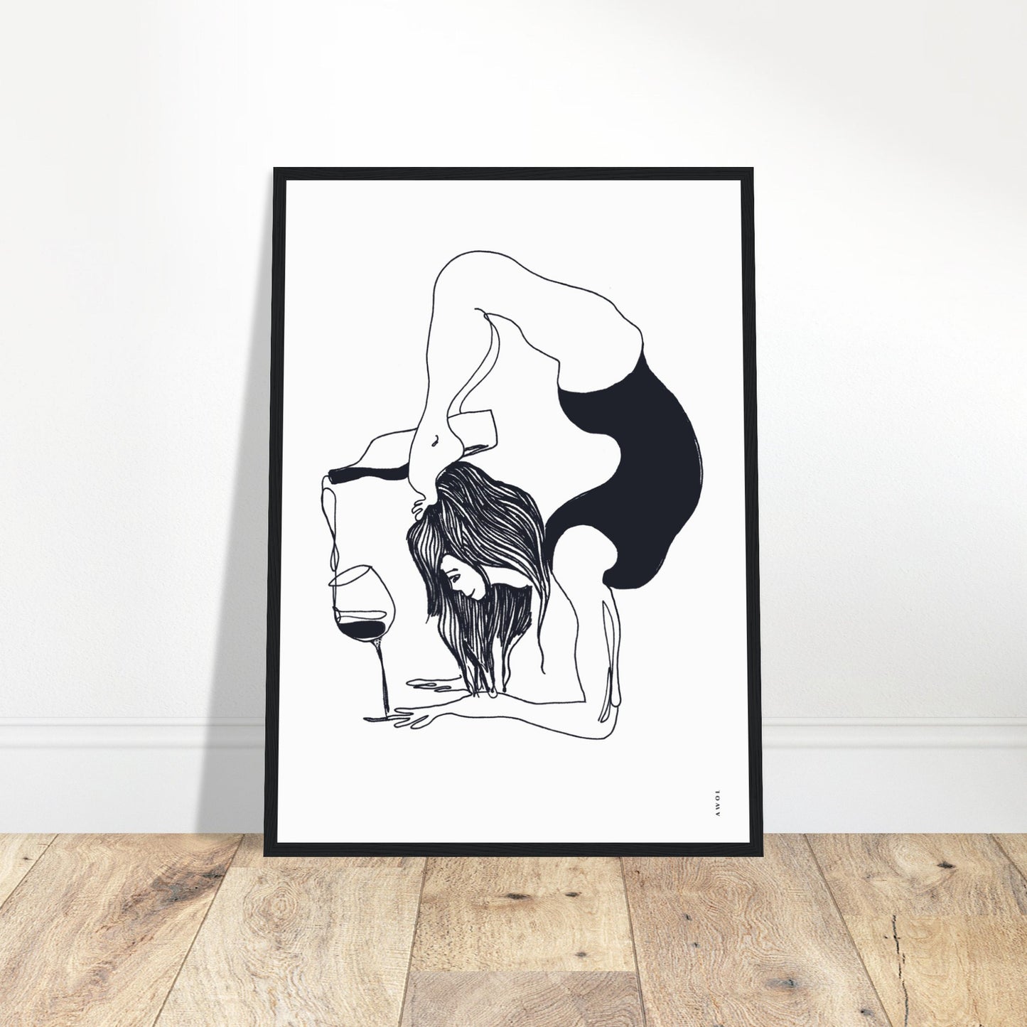 Funny Black And White Yoga Art Print In Wooden Frame With Wine And Balance Yoga Pose