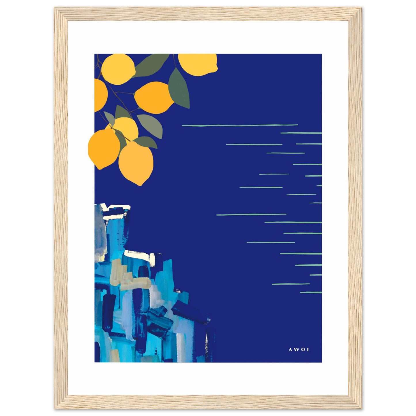 Mediterranean Blues: Landscape Art With Lemons By The Sea, Wooden Framed Art Print