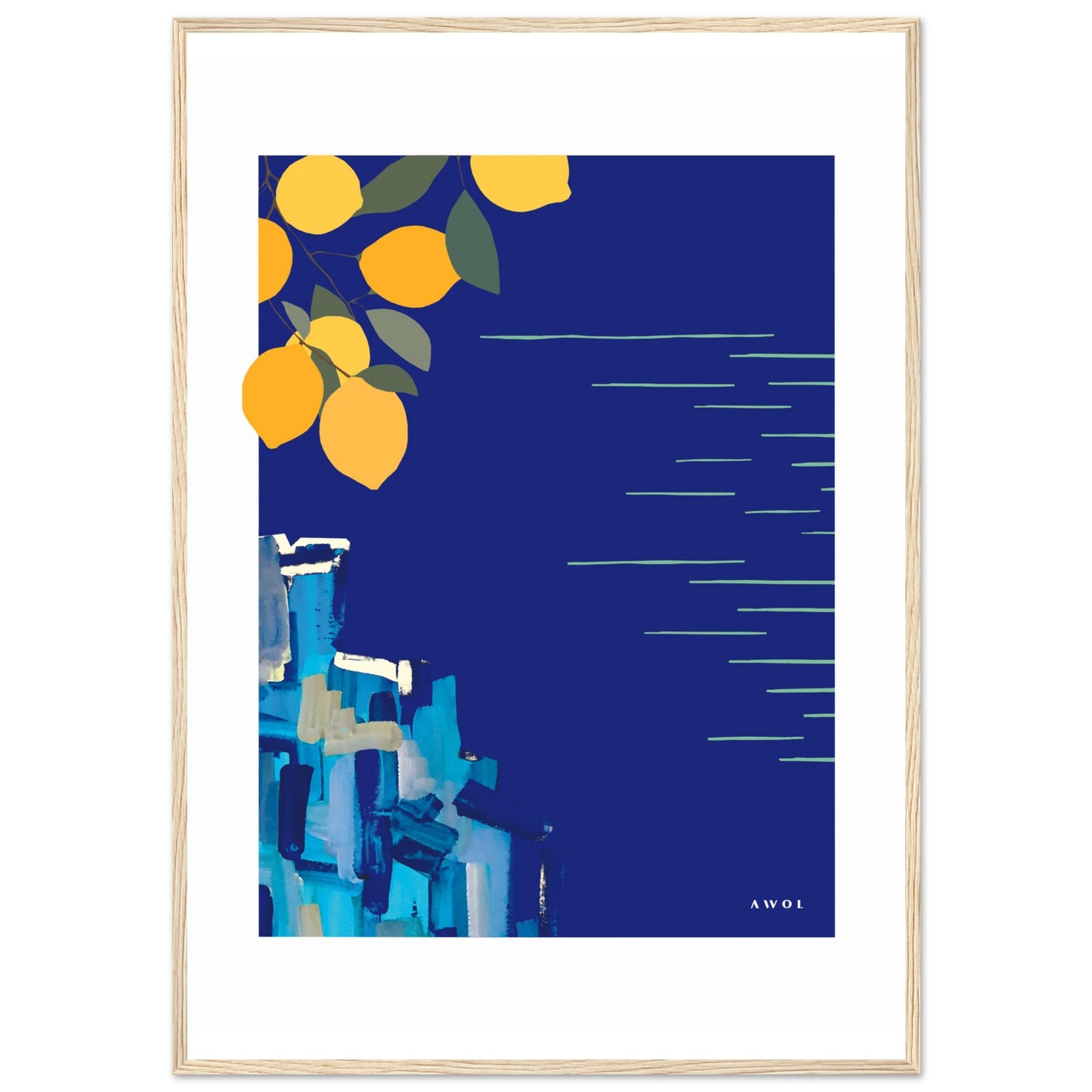 Mediterranean Blues: Landscape Art With Lemons By The Sea, Wooden Framed Art Print