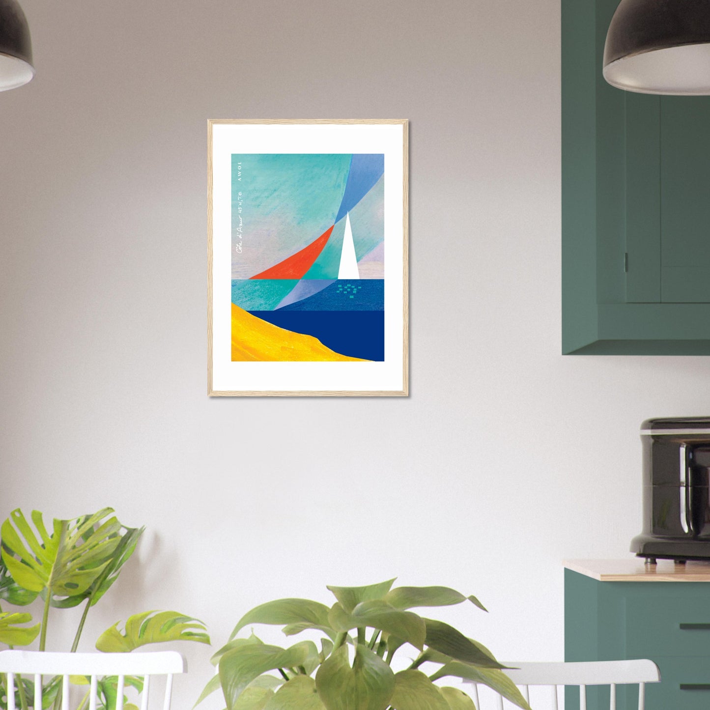 Sea And Sailboat Abstraction Art Of The Mediterranean Sea, French Riviera Nautical Art Print: Wooden Framed Poster Print