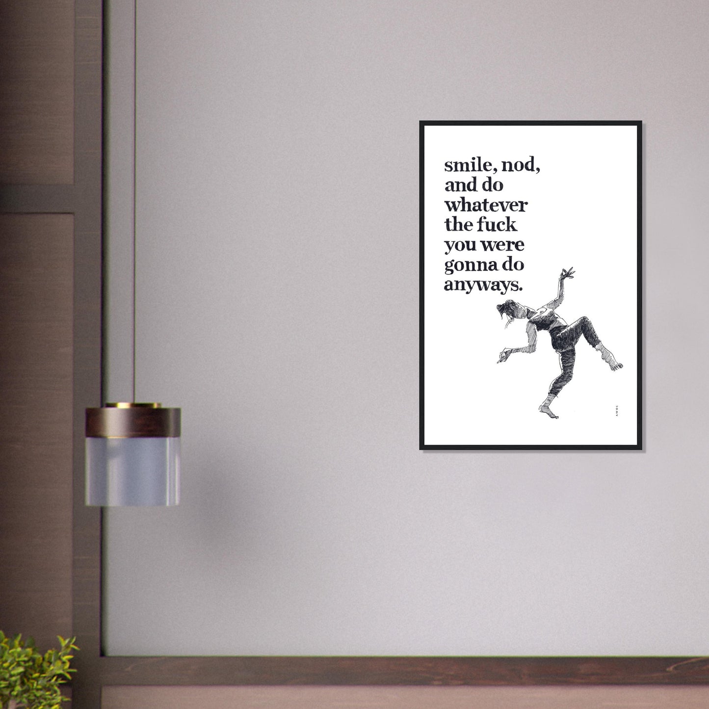 Smile And Nod, Dancing Woman With Funny Quote: Framed Art Print