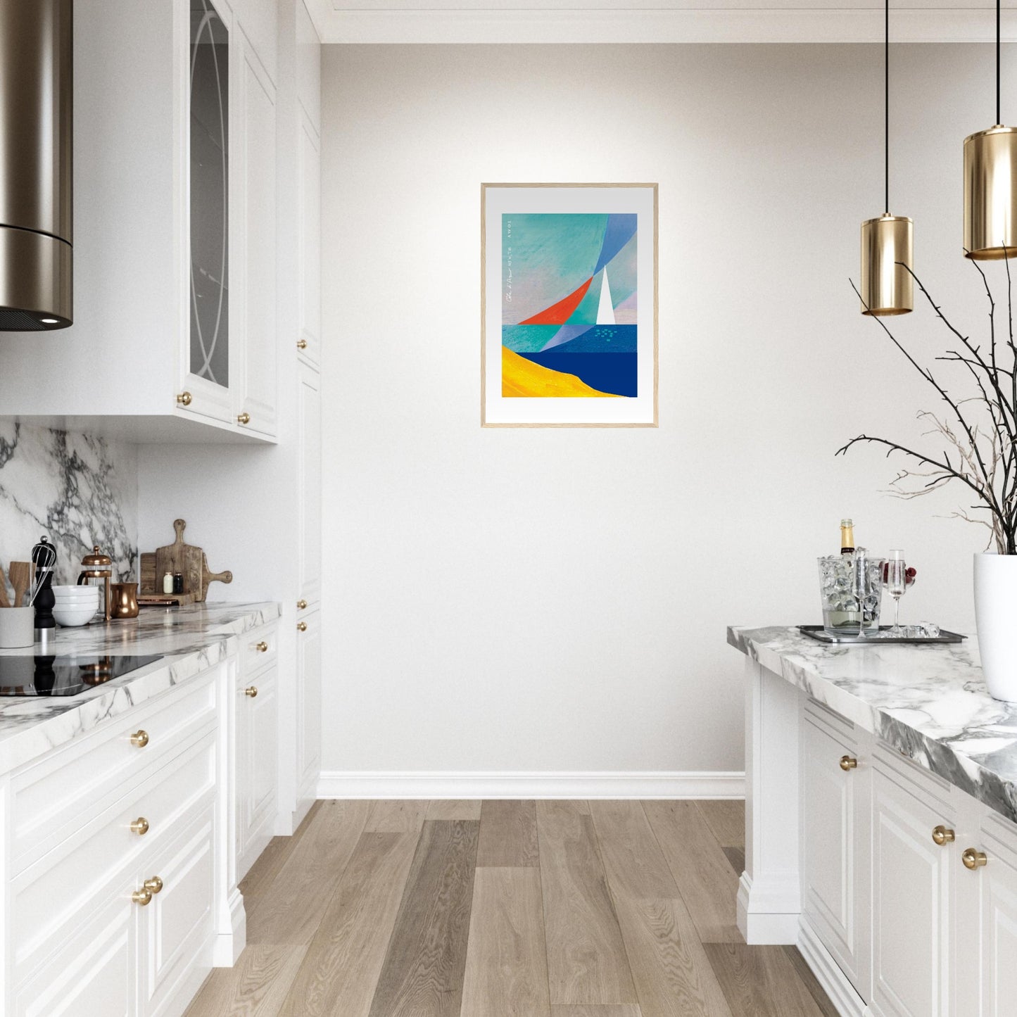 Sea And Sailboat Abstraction Art Of The Mediterranean Sea, French Riviera Nautical Art Print: Wooden Framed Poster Print