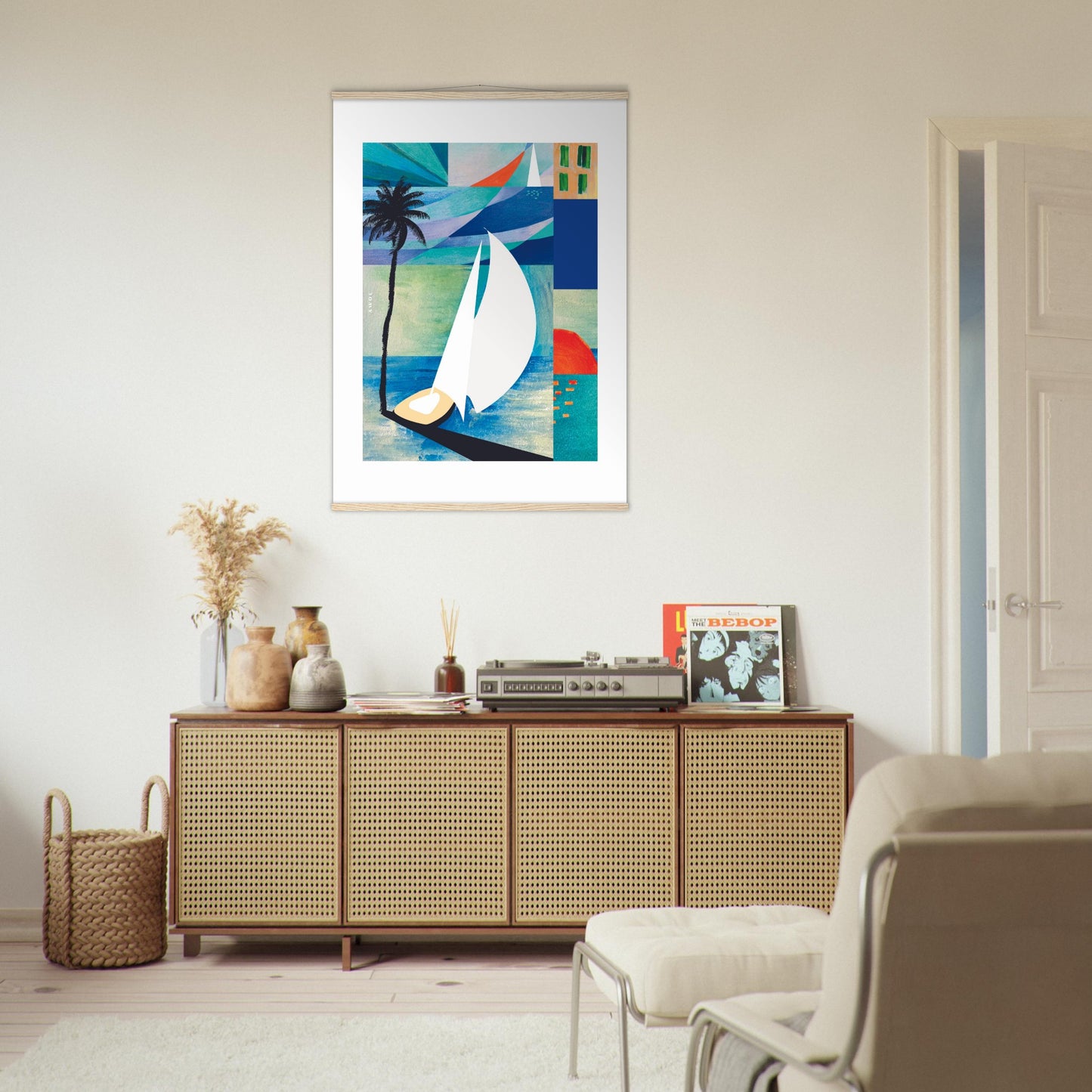Colourful Sailing Art: Sea, Palm Tree And Orange Sun: Travel Poster with Hanger