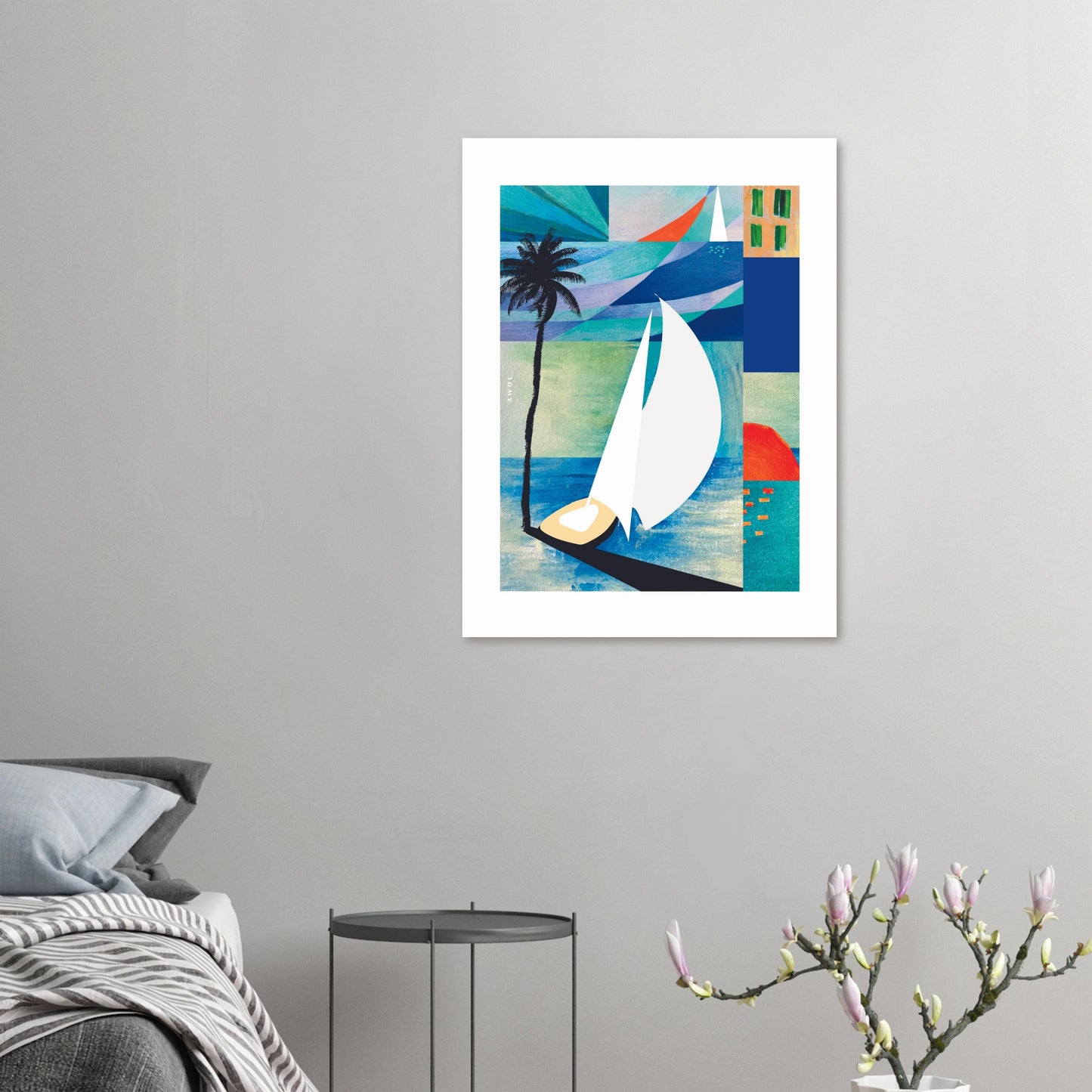 White Sailboat On Blue Sea At Sunrise, Palm Tree Art Print On Aluminum