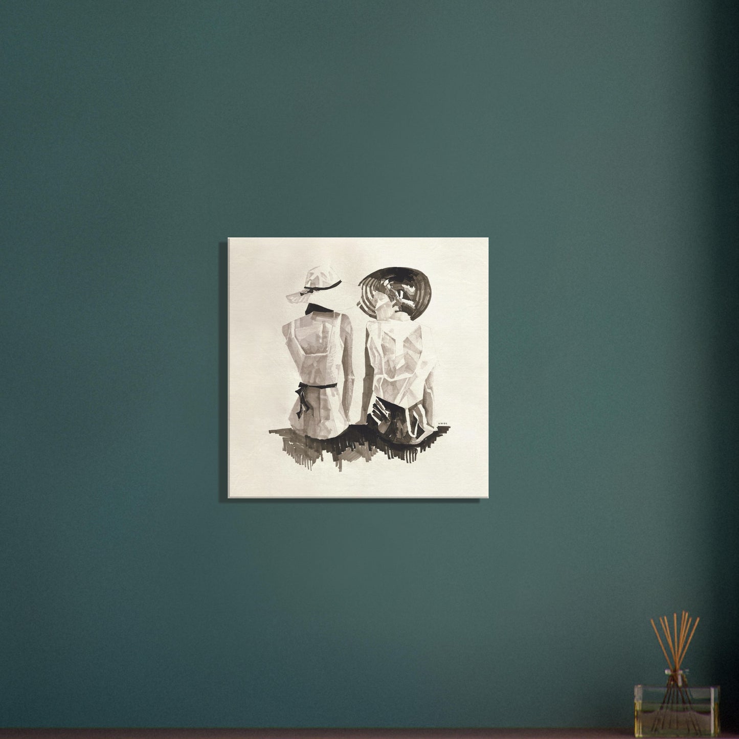 Mediterranean Elegance: Two Women In Hats On The Beach Looking At The Sea, Large Monochrome Canvas Art