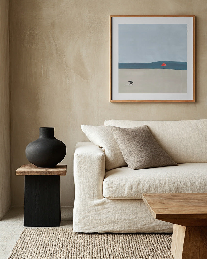 Toward the Wave: Surfer On The Beach, Fine Art Wooden Framed Poster