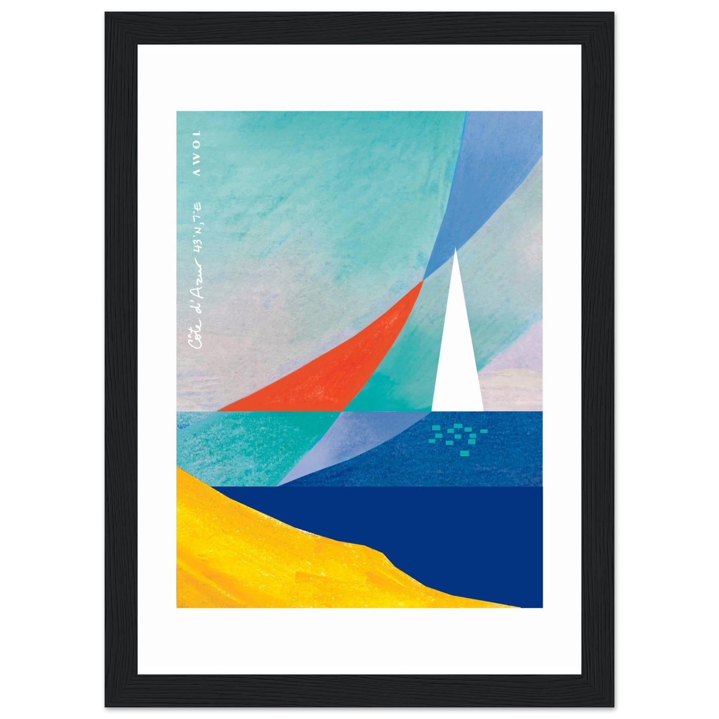 Sea And Sailboat Abstraction Art Of The Mediterranean Sea, French Riviera Nautical Art Print: Wooden Framed Poster Print