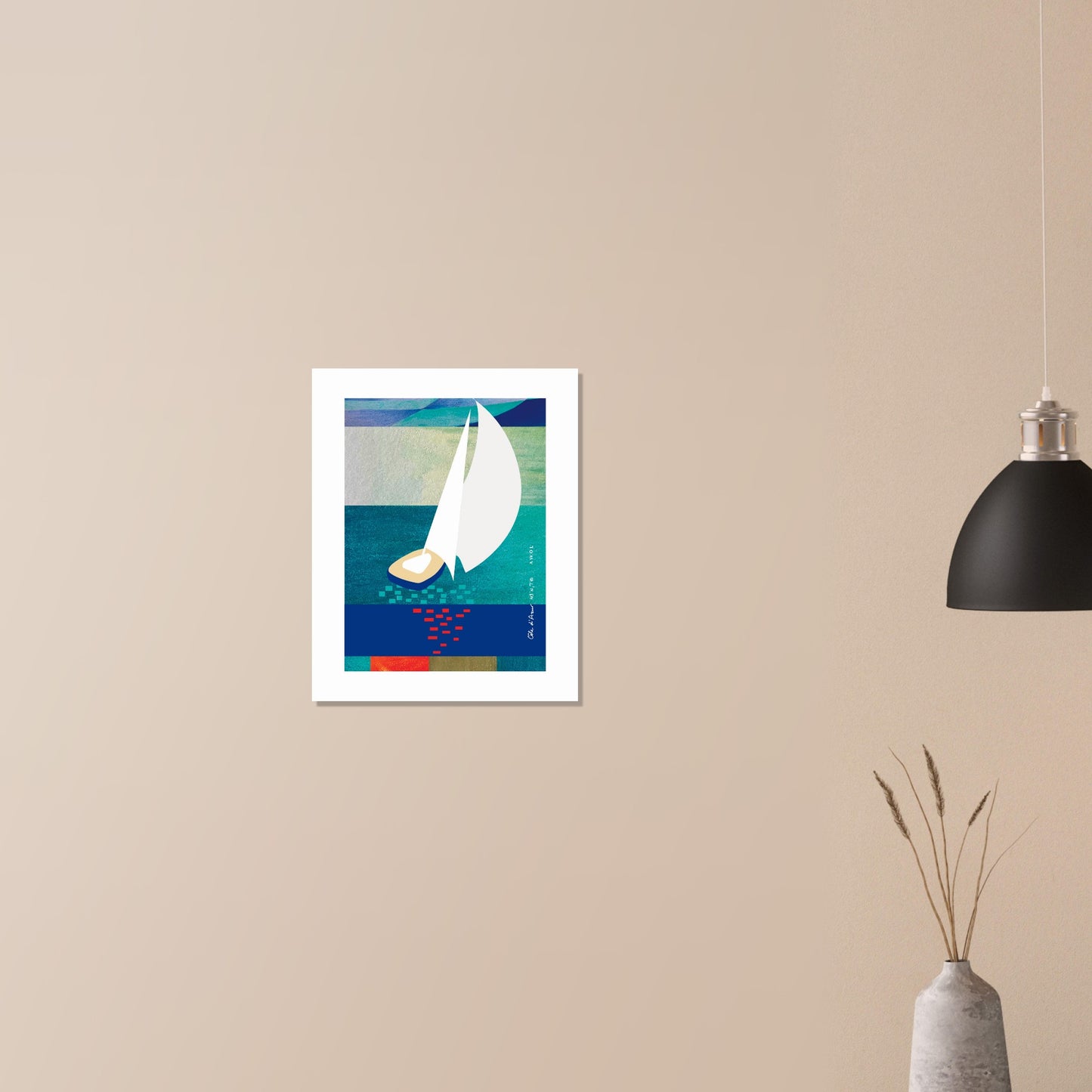White Sailboat At Sunset On The Sea With Graphic Reflection: French Rivera Classic Matte Paper Poster