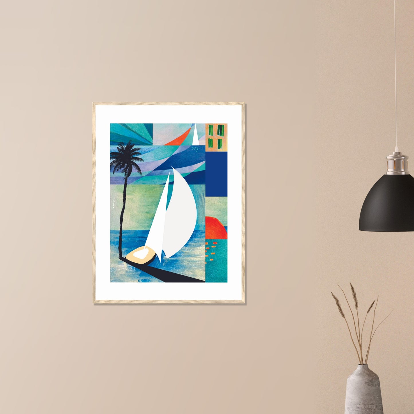 Sunrise, Sailboat And Palm Tree Beach, Sea Art : Framed Art Print