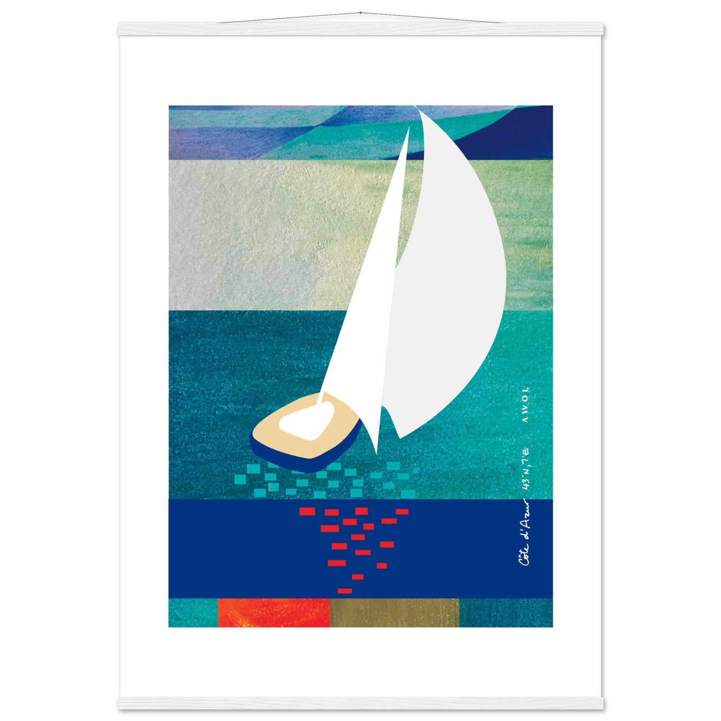 White Sailboat At Sunset On The Sea With Graphic Reflection: French Rivera Classic Matte Paper Poster with Hanger