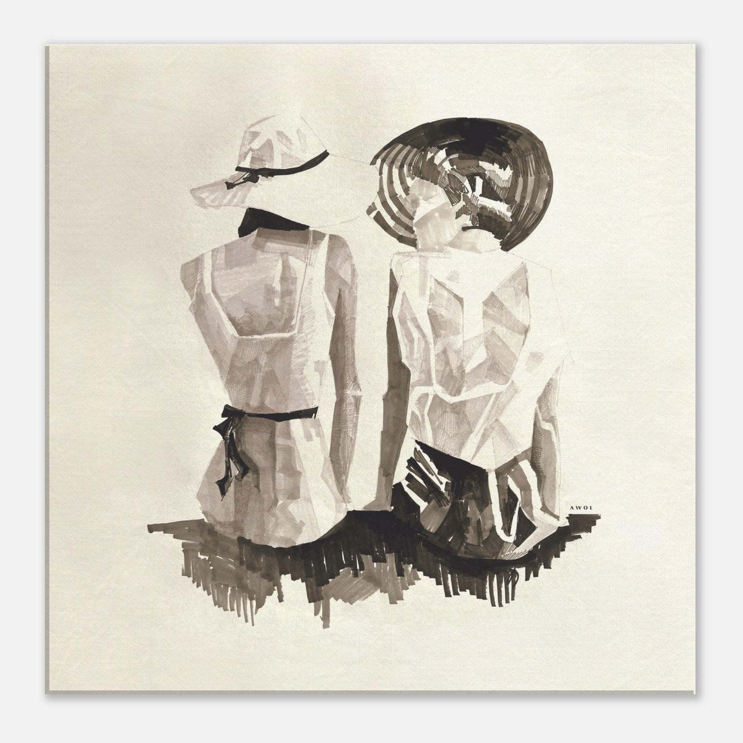 Mediterranean Elegance: Two Women In Hats On The Beach Looking At The Sea, Large Monochrome Canvas Art