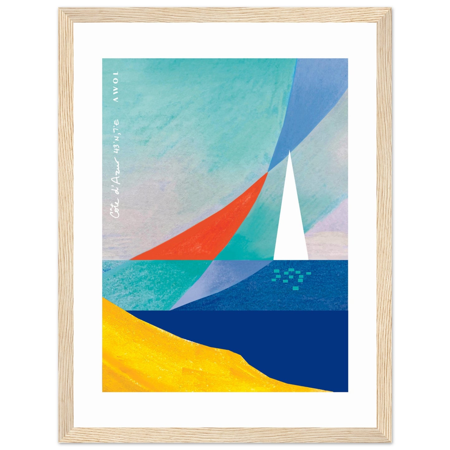 Sea And Sailboat Abstraction Art Of The Mediterranean Sea, French Riviera Nautical Art Print: Wooden Framed Poster Print
