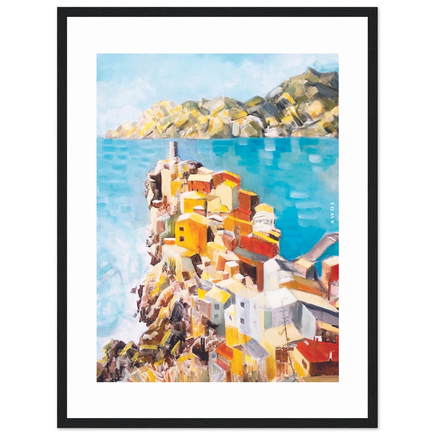 Colourful Town On A Cliff By The Sea In Italy: Italian Riviera Framed Art Print