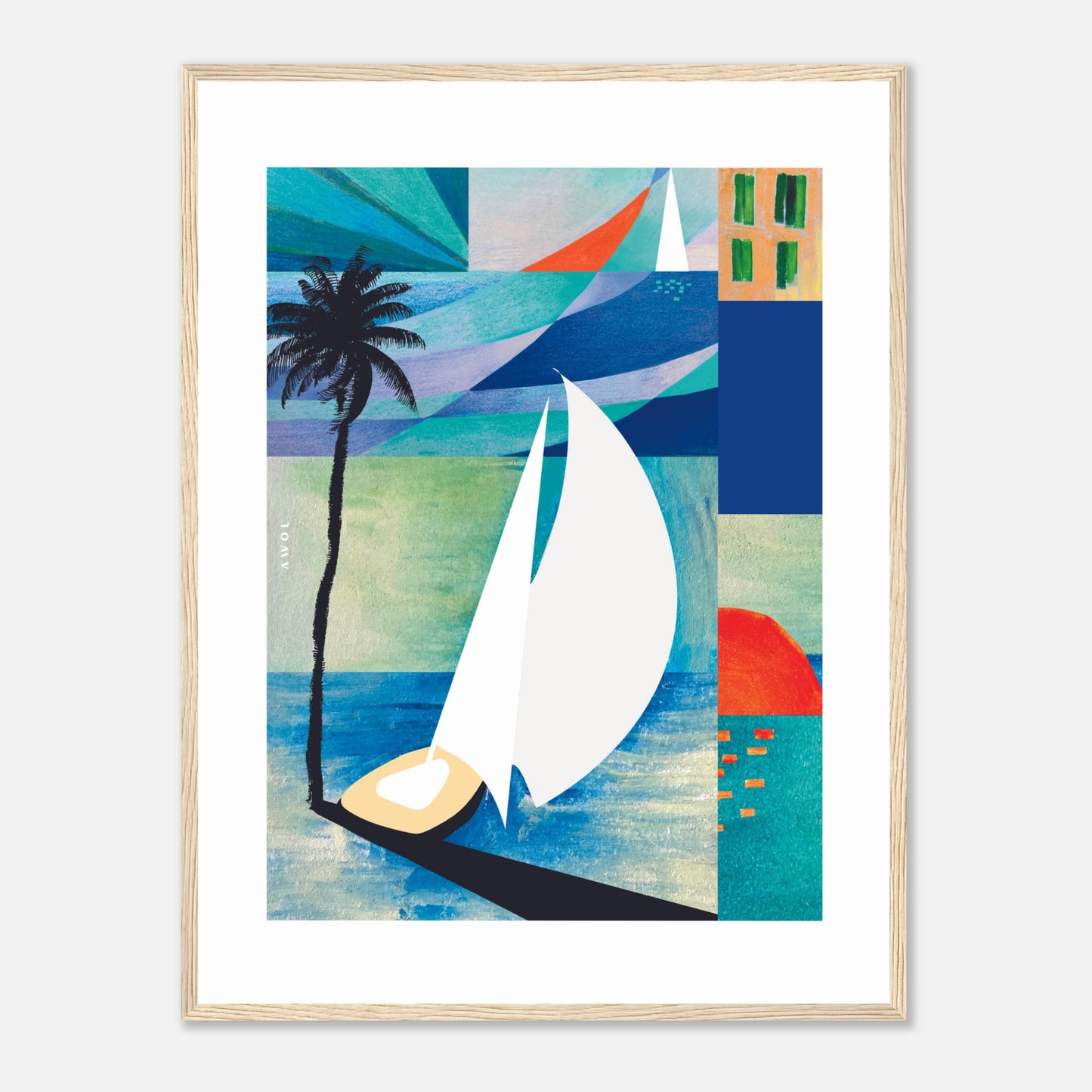 Sunrise, Sailboat And Palm Tree Beach, Sea Art : Framed Art Print