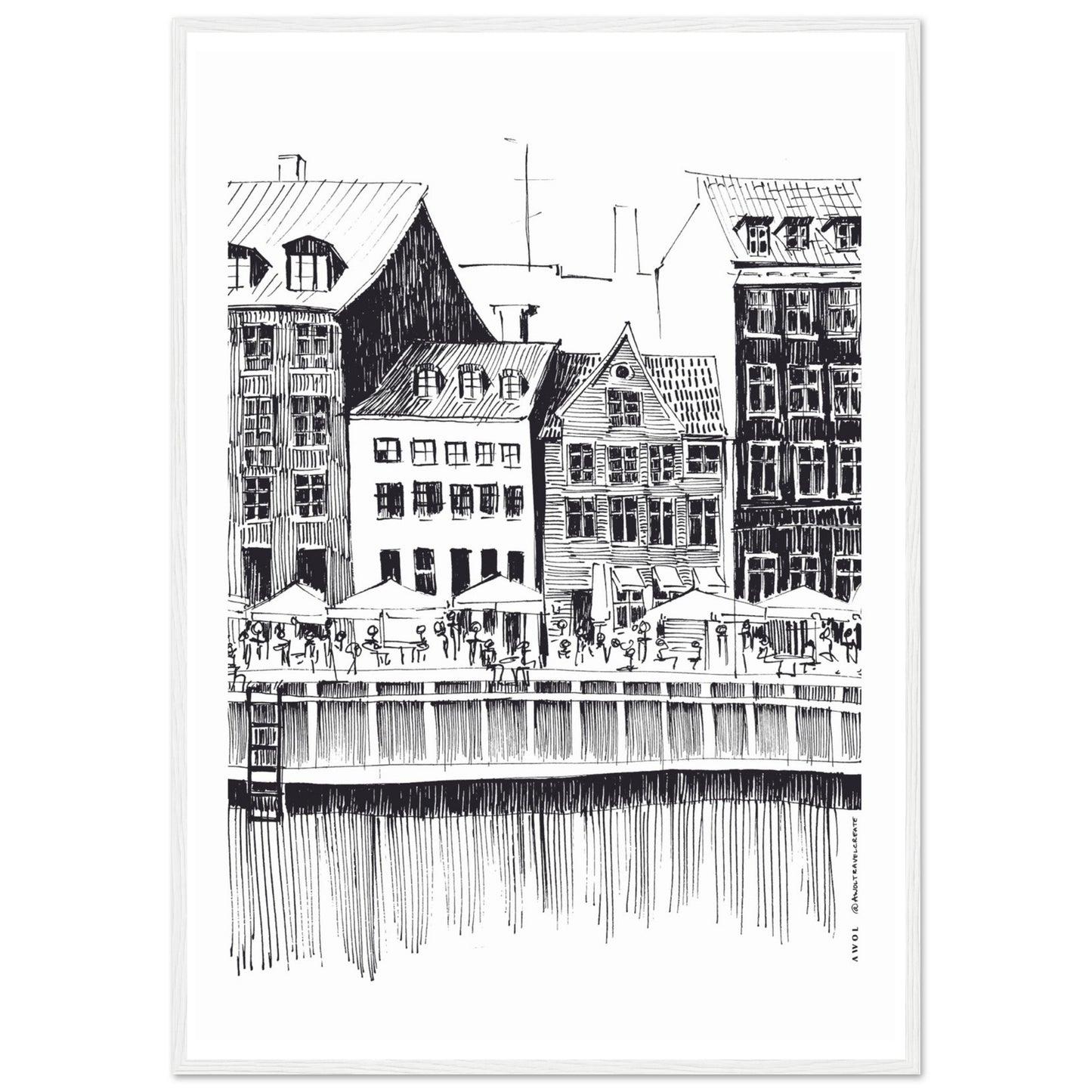Saturday Afternoon With Cafés And Historic Houses In Copenhagen, Wooden Framed Art Print On Premium Paper