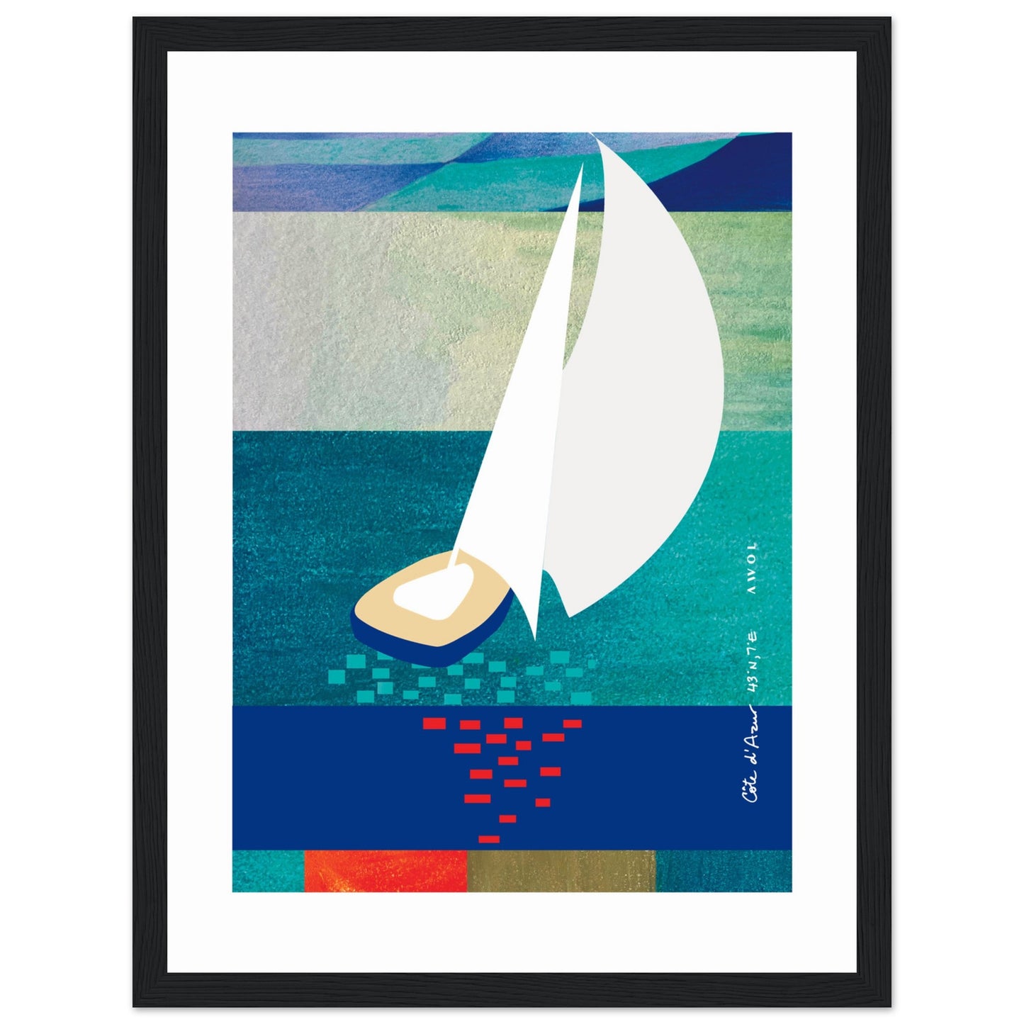 White Sailboat At Sunset On The Sea With Graphic Reflection: French Rivera: Classic Matte Paper Wooden Framed Poster