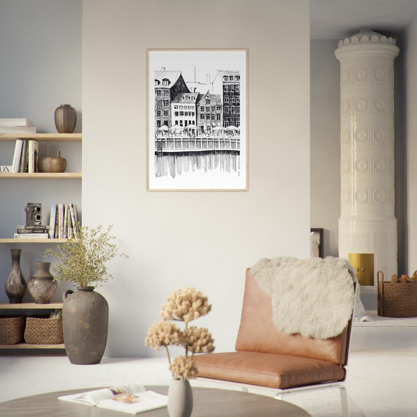 Saturday Afternoon With Cafés And Historic Houses In Copenhagen, Wooden Framed Art Print On Premium Paper