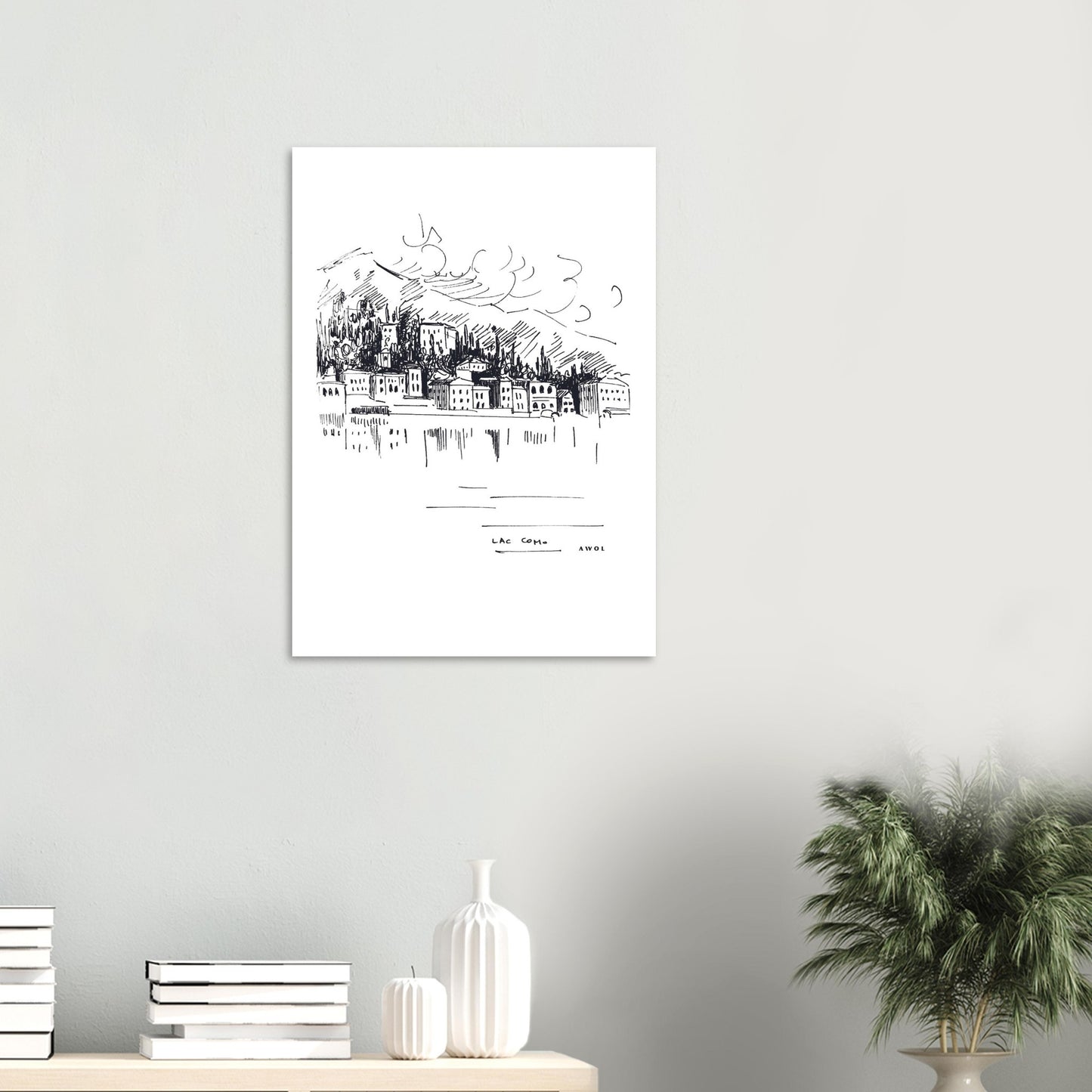 Lake Como, Italy Landscape Art With Mountain Town: Poster Print