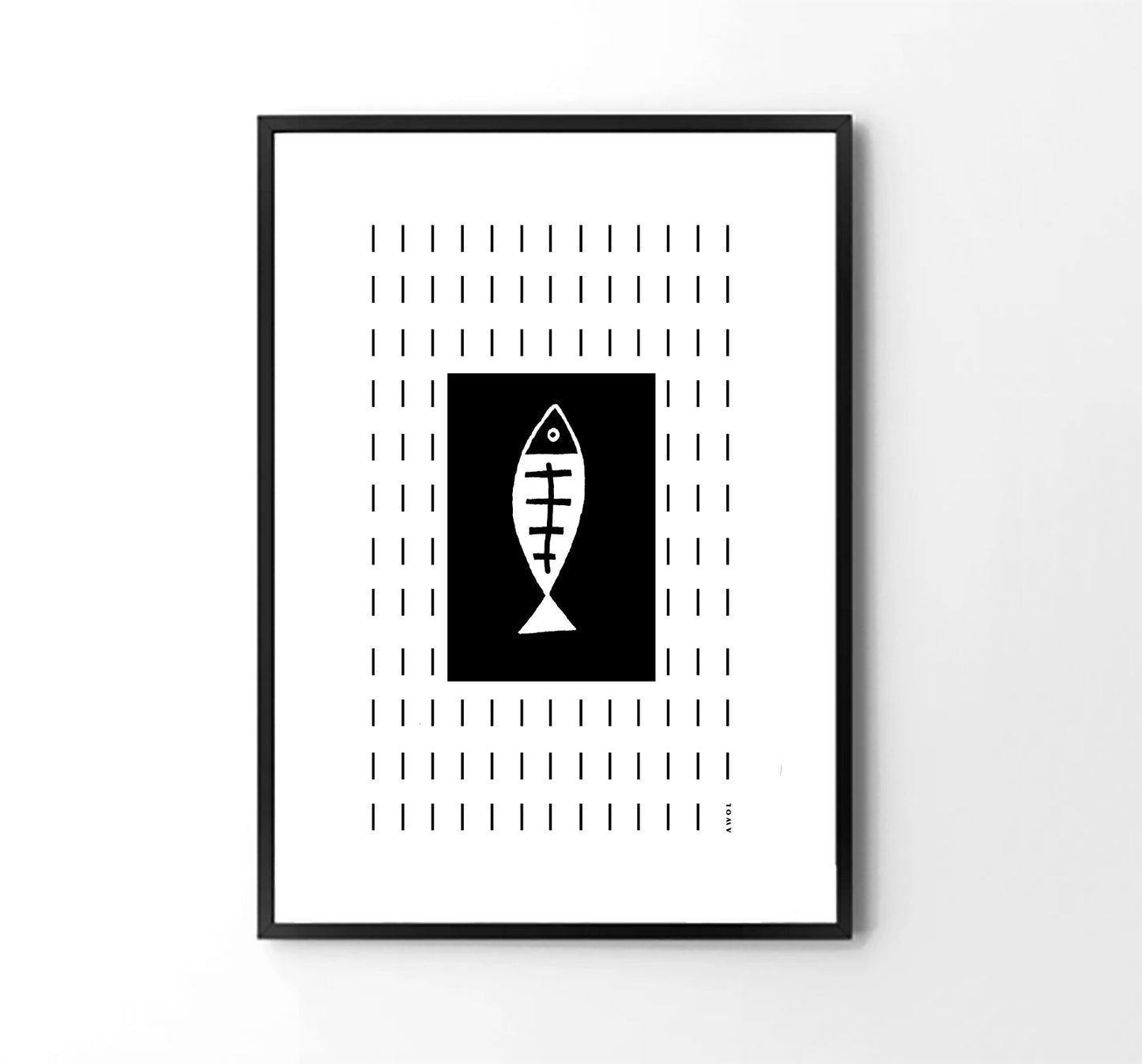 Minimalist Fish Art Abstraction In Rain Pattern, Black and White Framed Art Print