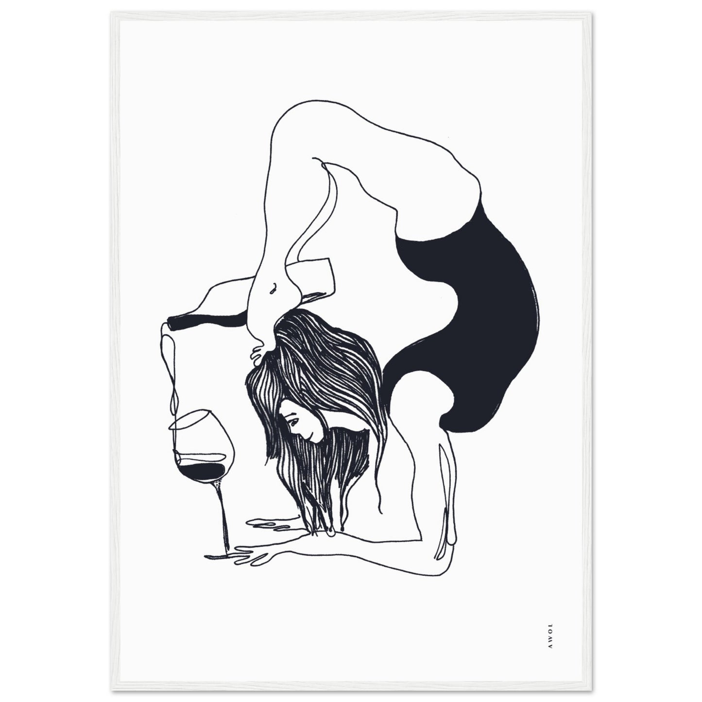 Funny Black And White Yoga Art Print In Wooden Frame With Wine And Balance Yoga Pose