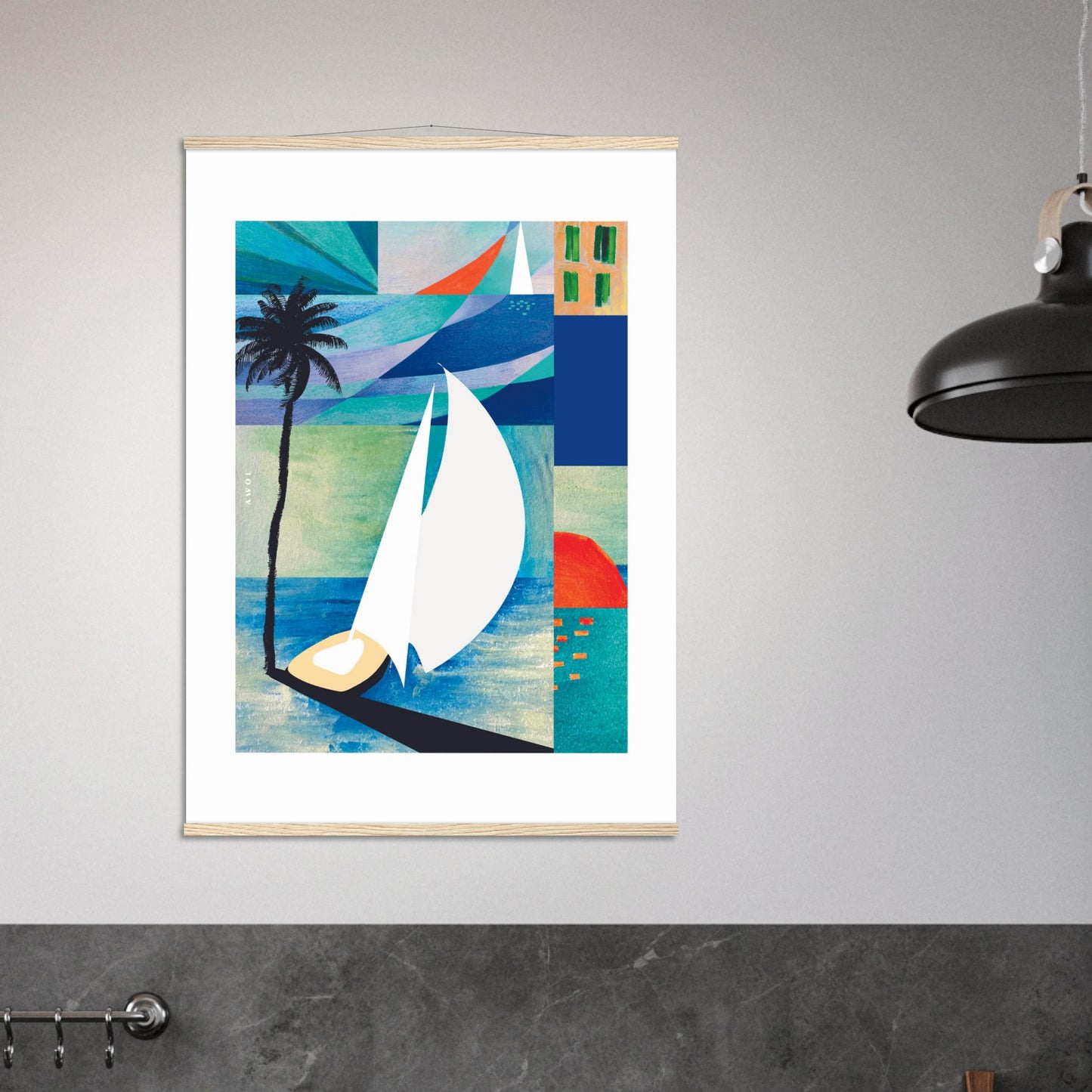 Colourful Sailing Art: Sea, Palm Tree And Orange Sun: Travel Poster with Hanger