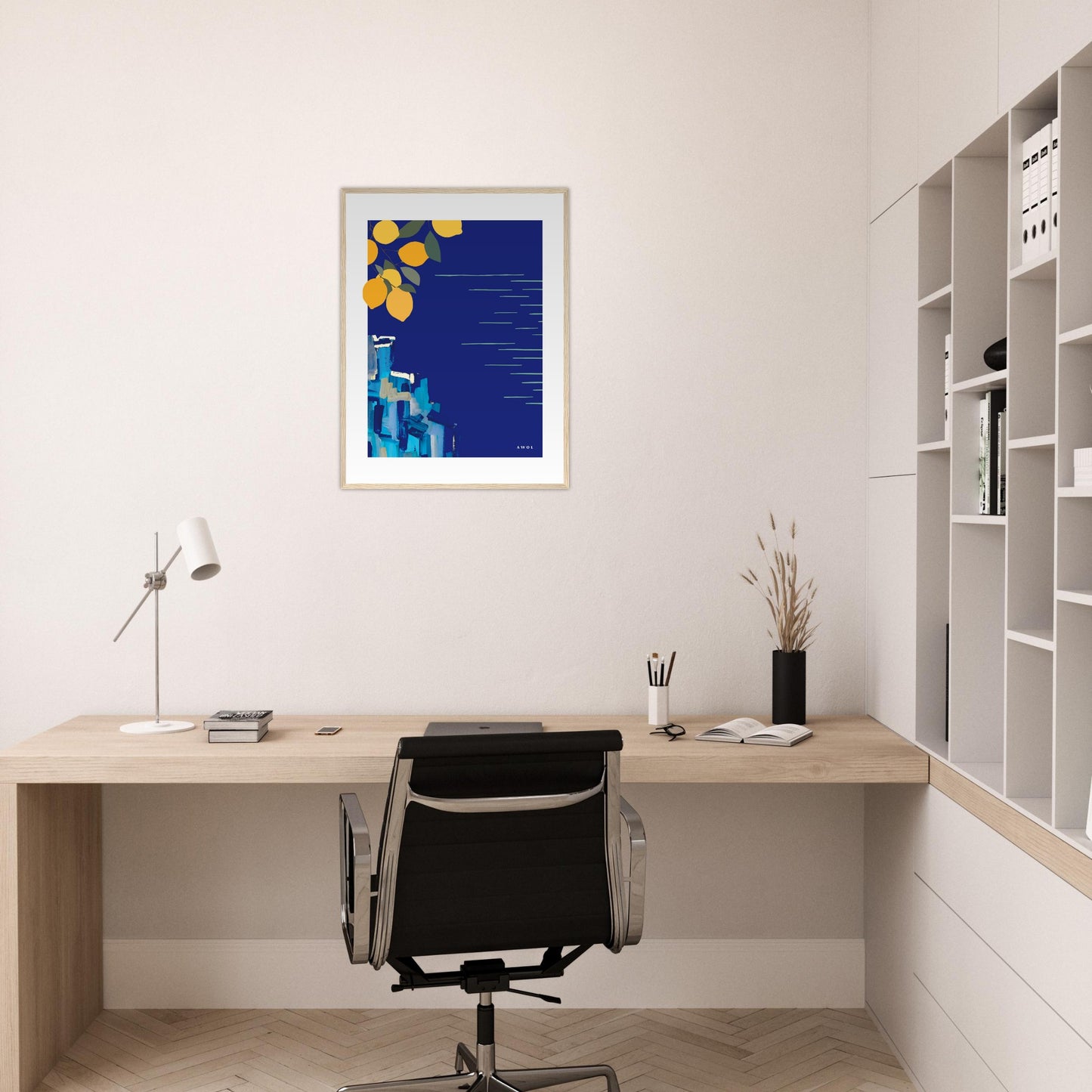 Mediterranean Blues: Landscape Art With Lemons By The Sea, Wooden Framed Art Print