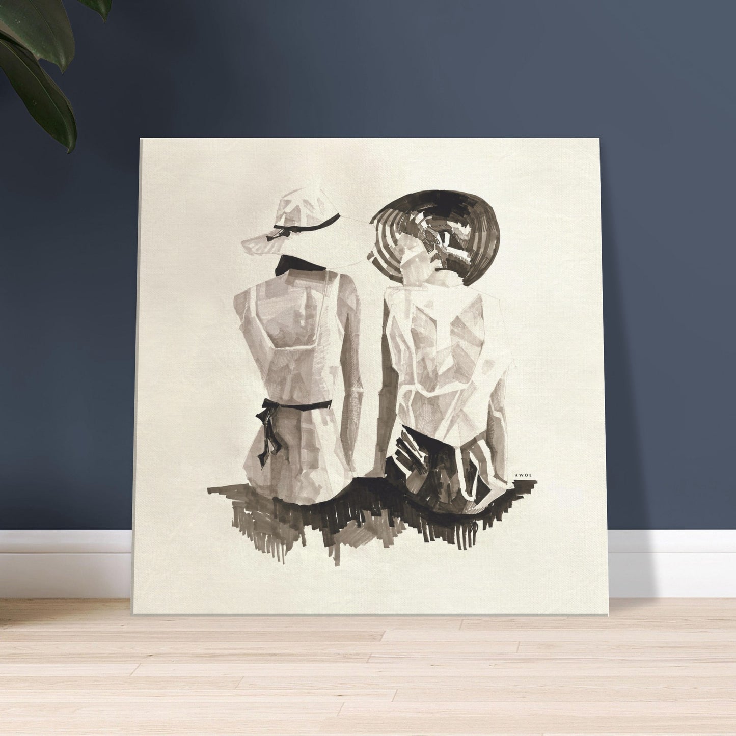 Mediterranean Elegance: Two Women In Hats On The Beach Looking At The Sea, Large Monochrome Canvas Art