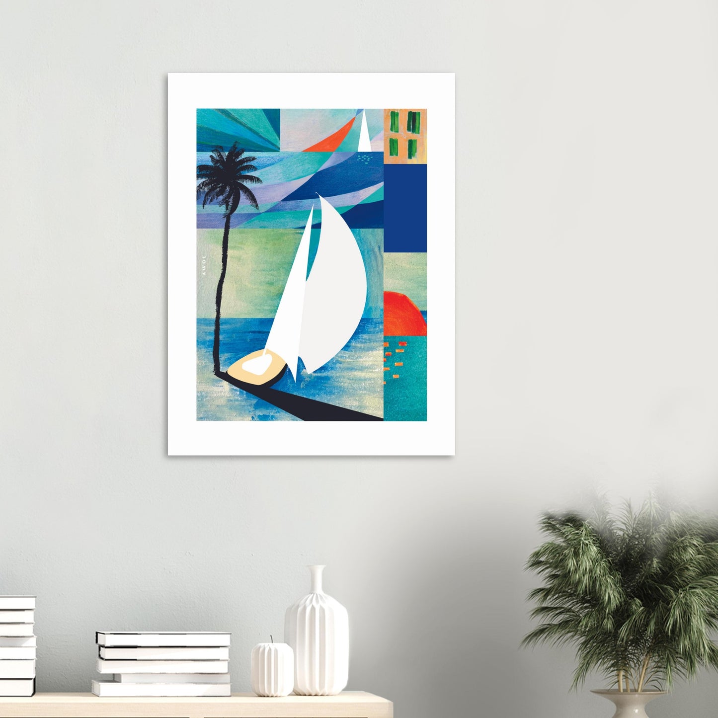 Tropical Art Print, Sunrise, Sail Boat and Palm Trees: Poster Print