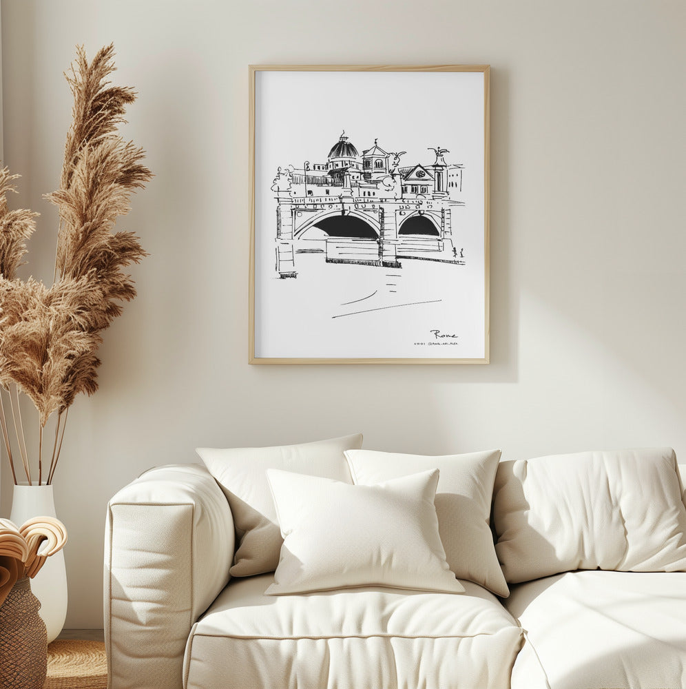 Rome Italy Wall Art Print – Hand-Drawn Bridge Sketch – Fine Art Travel Poster for Home & Wall Decor | Cityscape Line Art