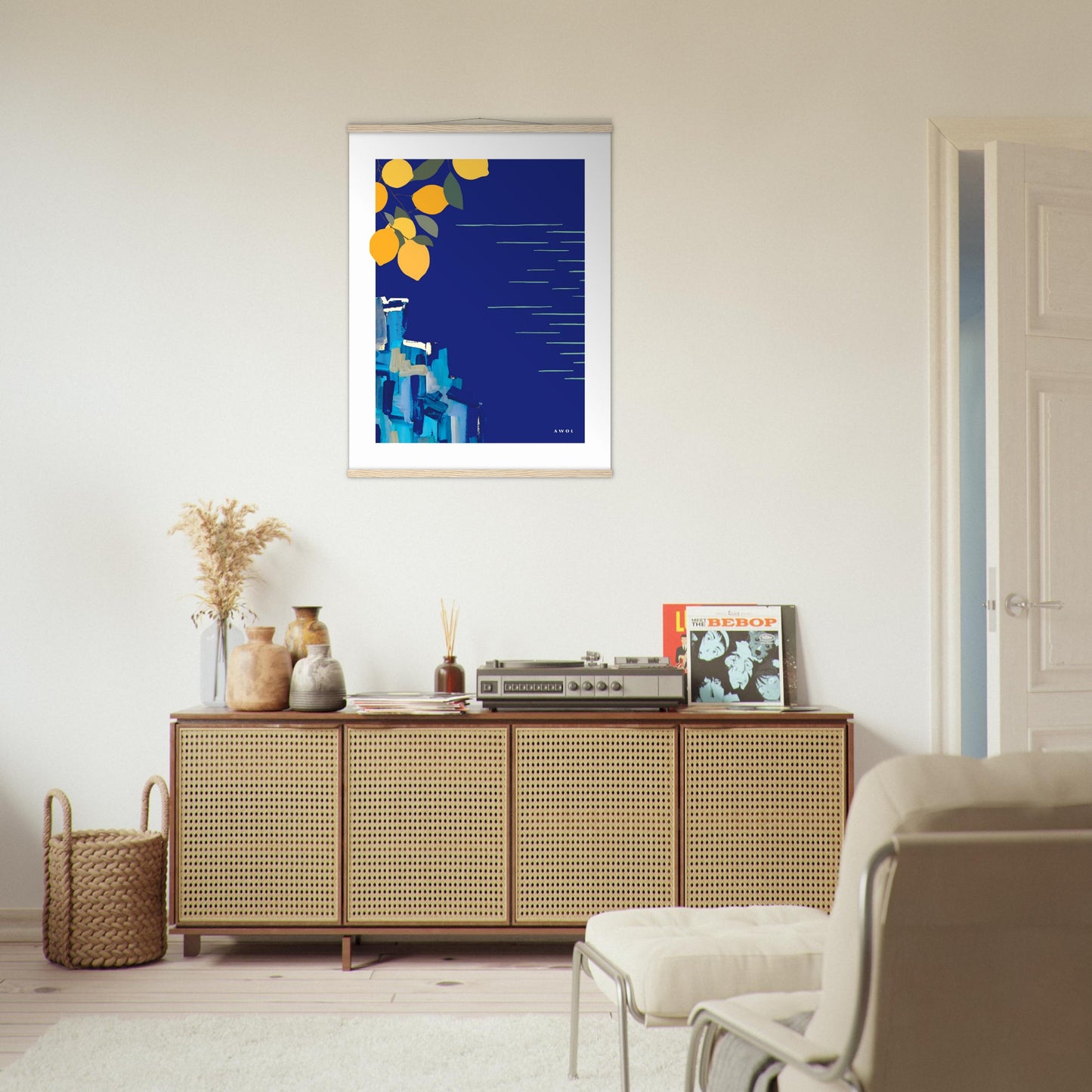 Mediterranean Seascape Art: Blue Seas And Lemons, Travel Poster with Hanger