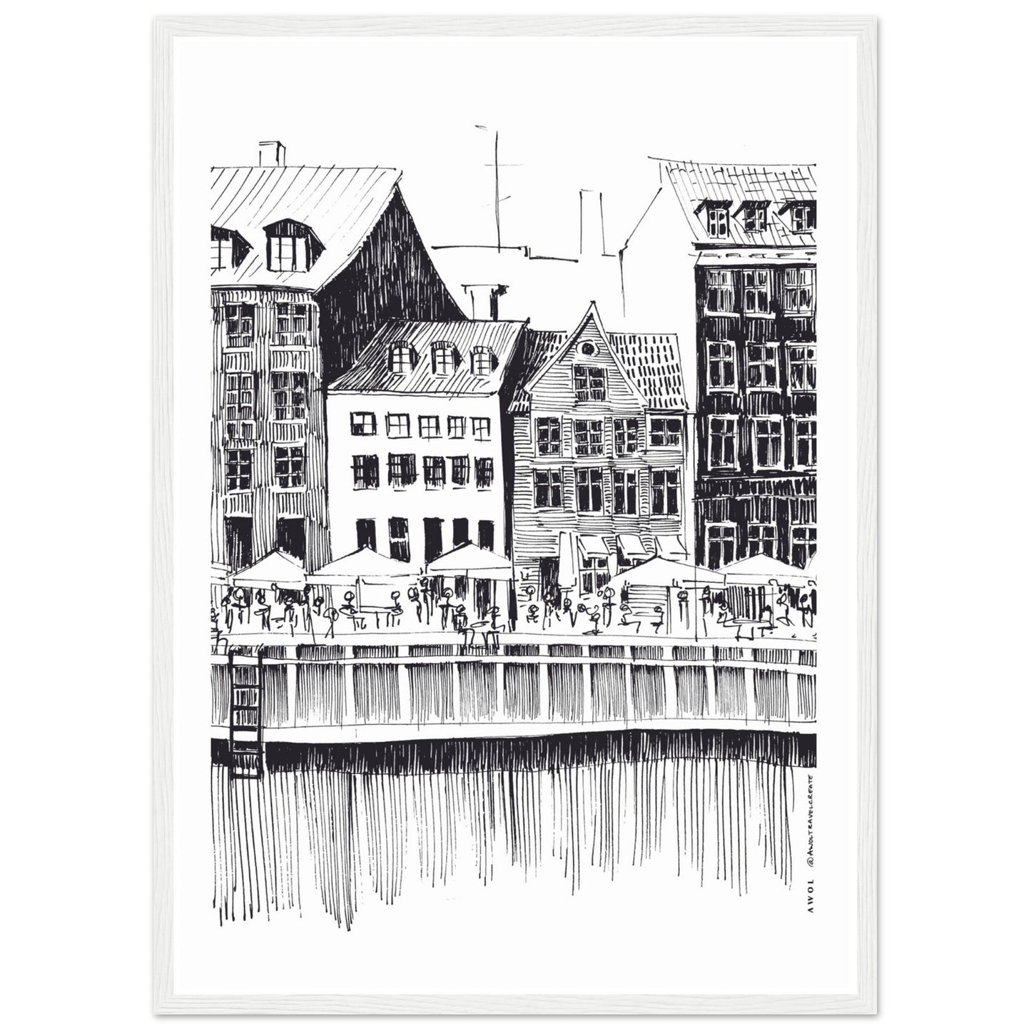 Saturday Afternoon With Cafés And Historic Houses In Copenhagen, Wooden Framed Art Print On Premium Paper