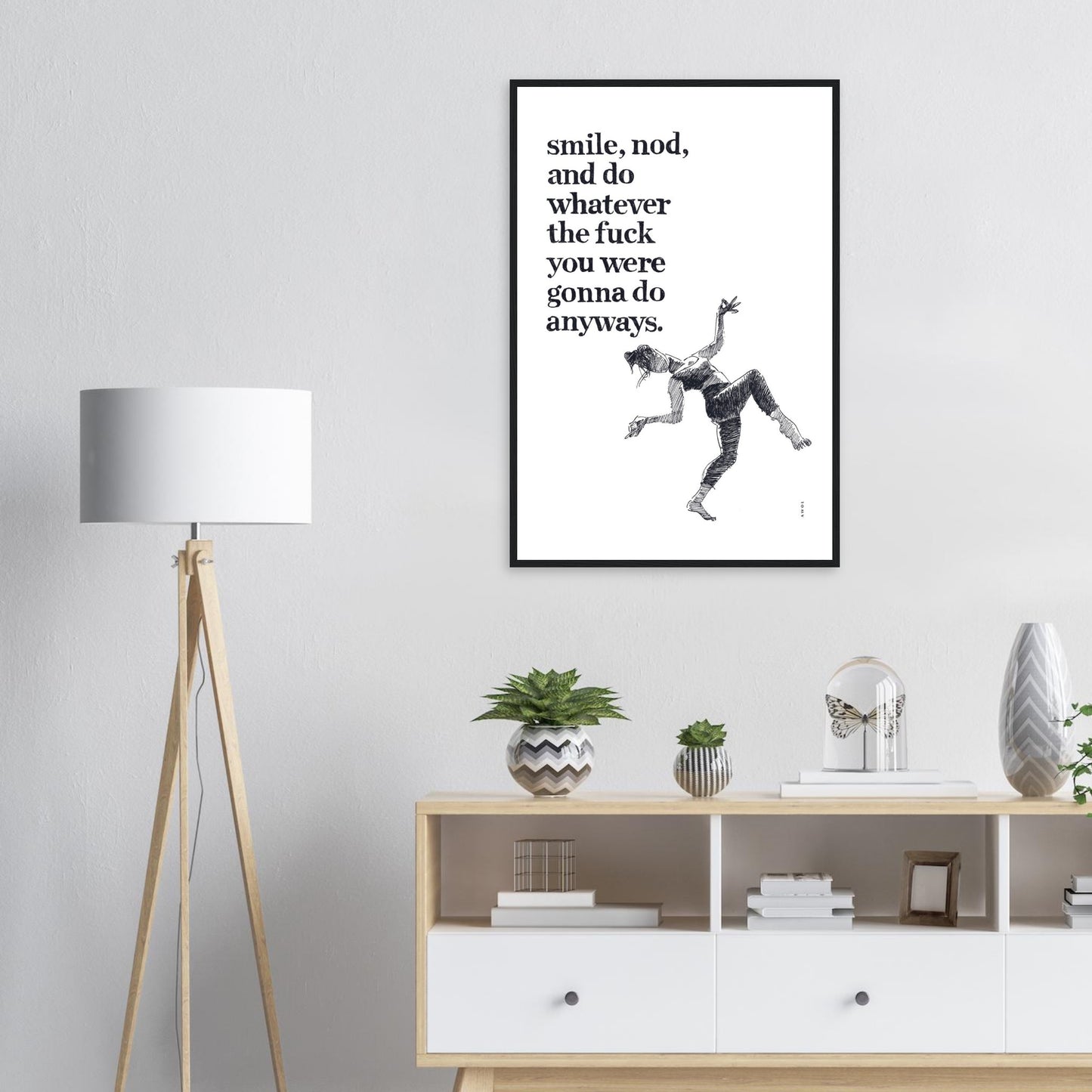 Smile And Nod, Dancing Woman With Funny Quote: Framed Art Print