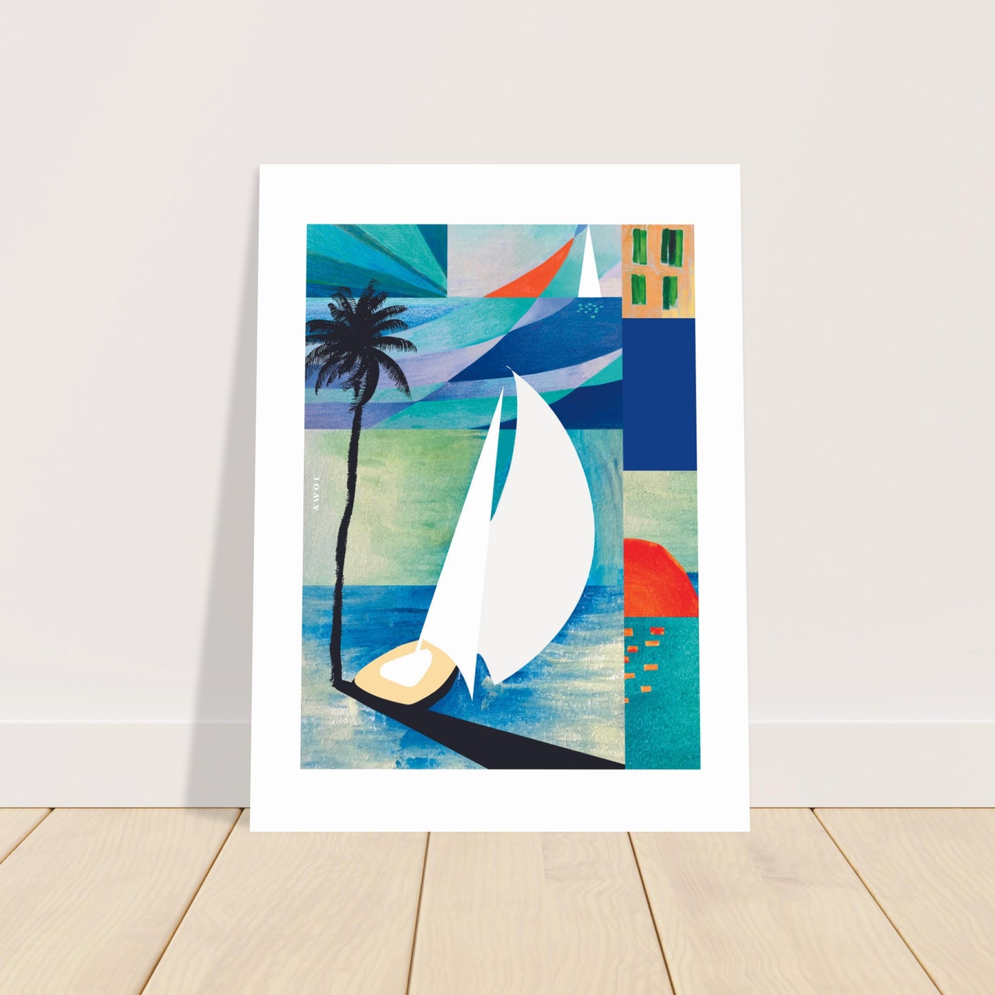 Tropical Art Print, Sunrise, Sail Boat and Palm Trees: Poster Print